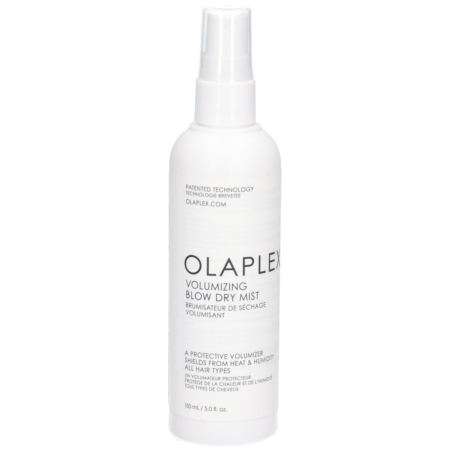 Flacon pulvérisateur blanc OLAPLEX Volumizing Blow Dry Mist avec étiquette noire.