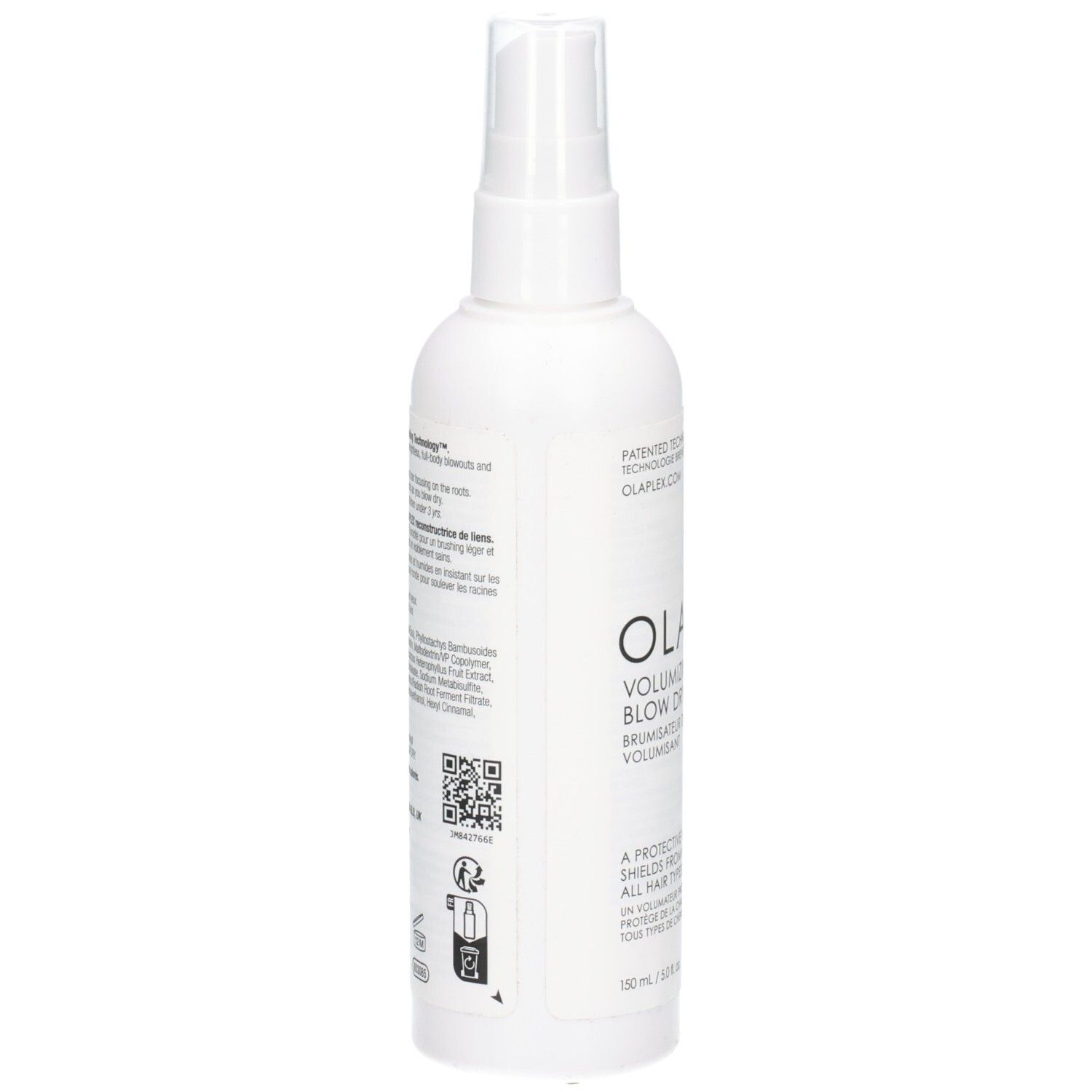 Arrière du flacon pulvérisateur blanc OLAPLEX Volumizing Blow Dry Mist avec informations produit.