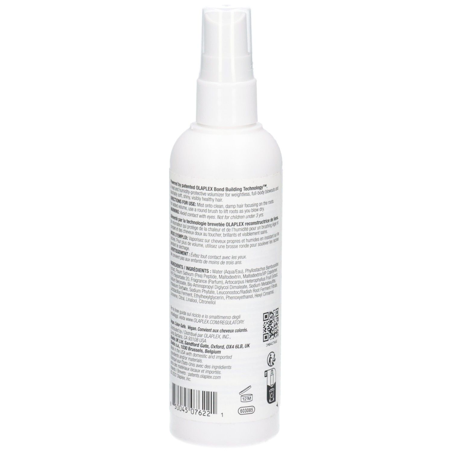 Arrière du flacon pulvérisateur blanc OLAPLEX Volumizing Blow Dry Mist avec ingrédients détaillés et instructions.