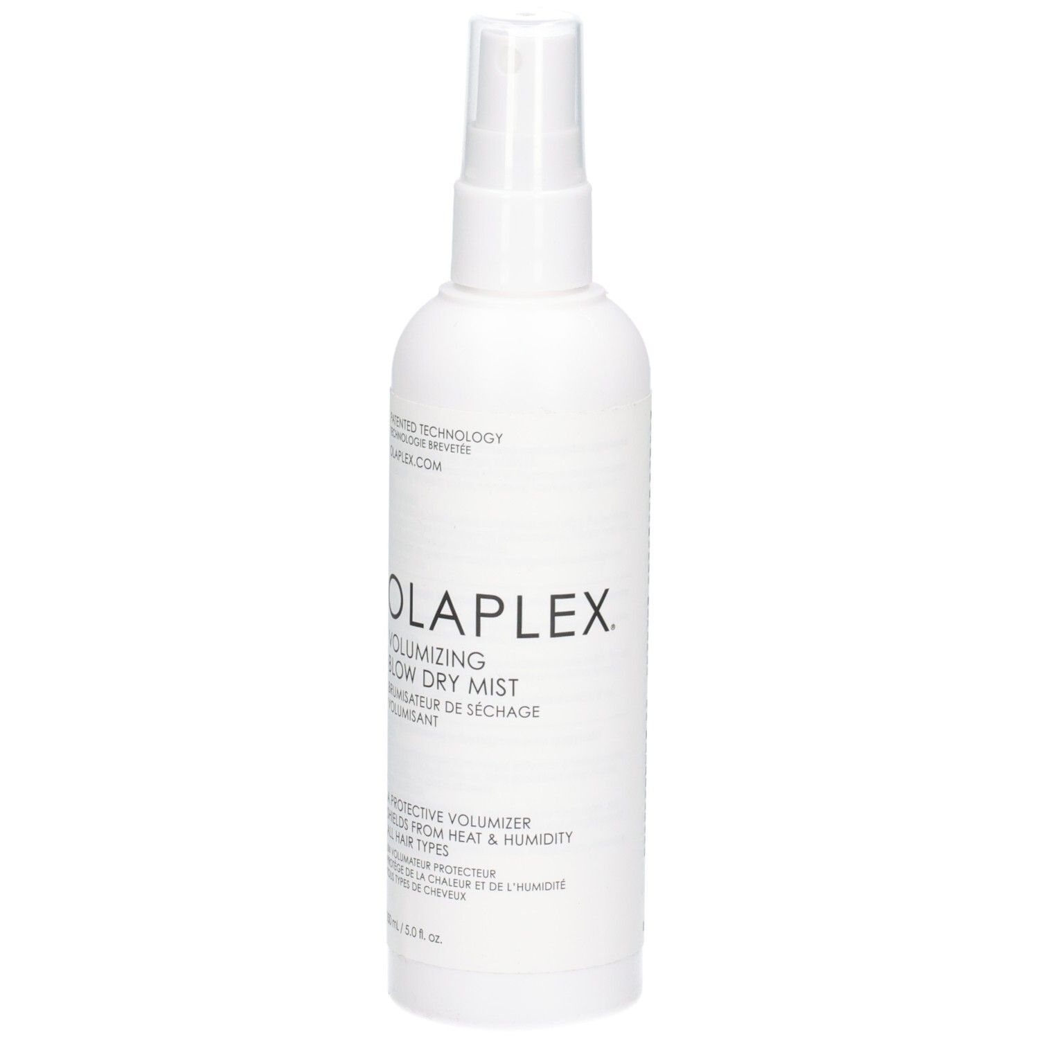 Flacon pulvérisateur blanc OLAPLEX Volumizing Blow Dry Mist, vue de face.