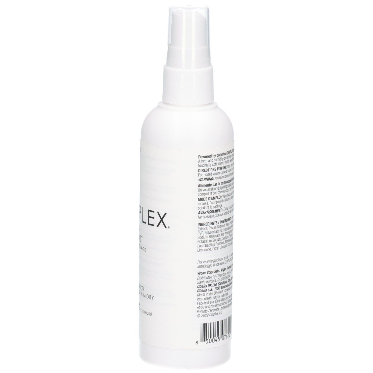 Vue latérale du flacon pulvérisateur blanc OLAPLEX Volumizing Blow Dry Mist avec informations textuelles.