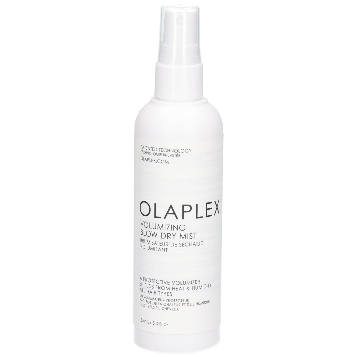 Flacon pulvérisateur blanc OLAPLEX Volumizing Blow Dry Mist, vue de face avec étiquette.