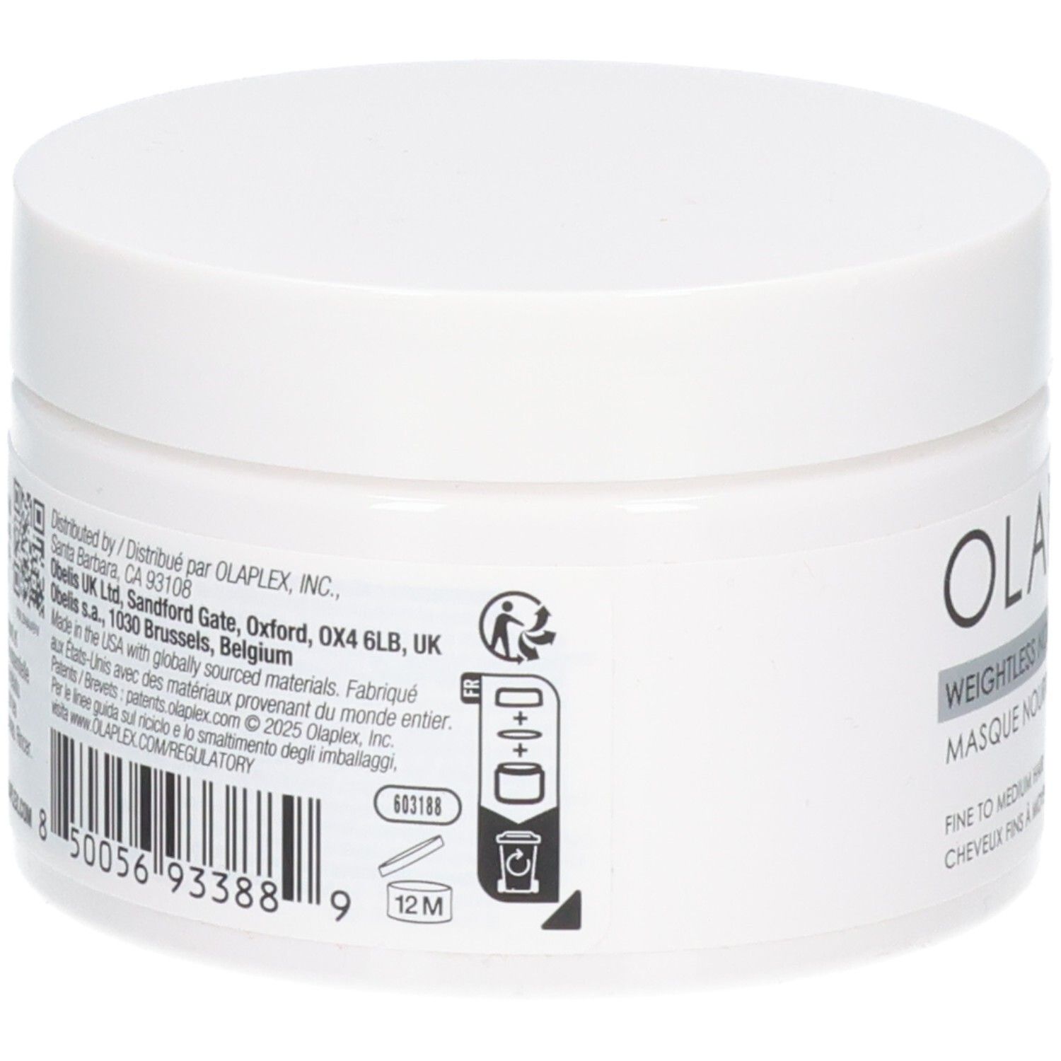 Arrière du pot OLAPLEX Weightless Nourishing Mask avec code-barres et symboles d'application.