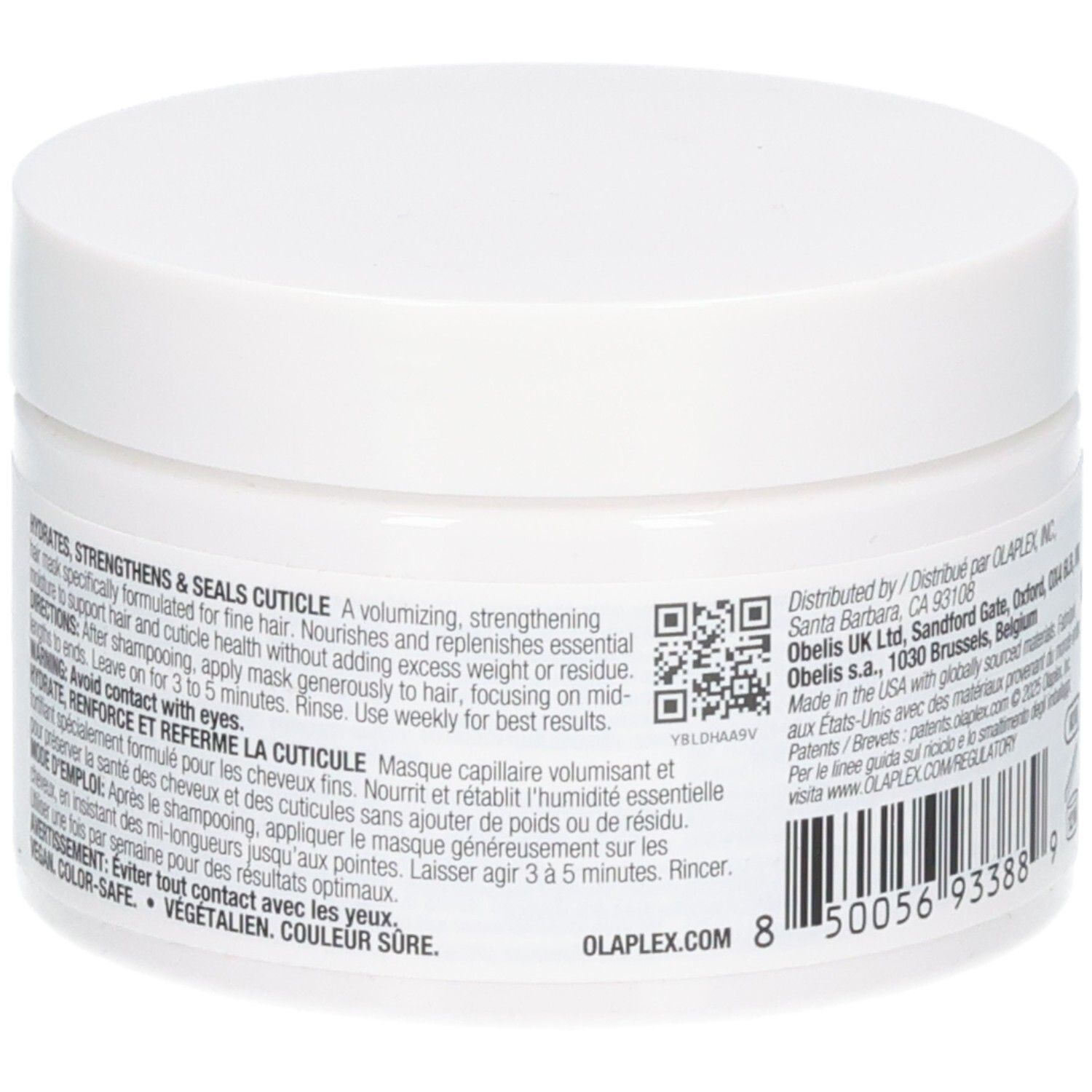 Vue latérale du pot OLAPLEX Weightless Nourishing Mask avec code QR et informations produit.