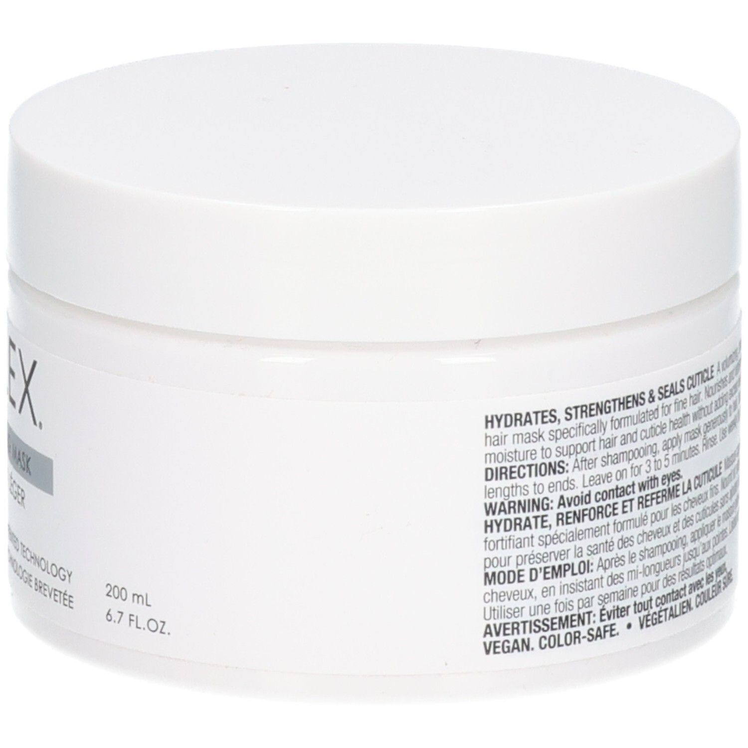 Vue latérale du pot OLAPLEX Weightless Nourishing Mask avec avantages produit et volume.