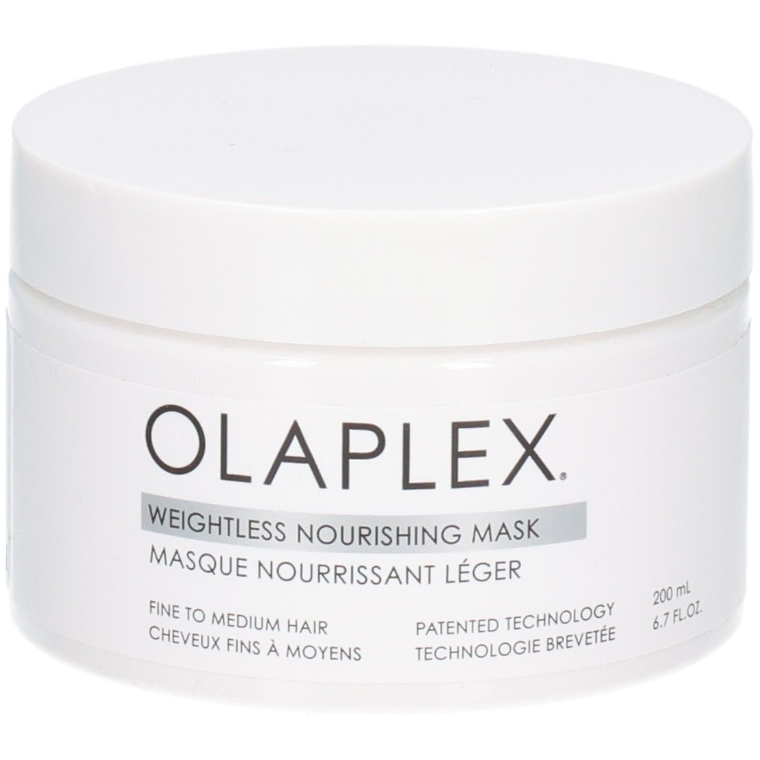 Avant du pot OLAPLEX Weightless Nourishing Mask avec nom du produit et volume.