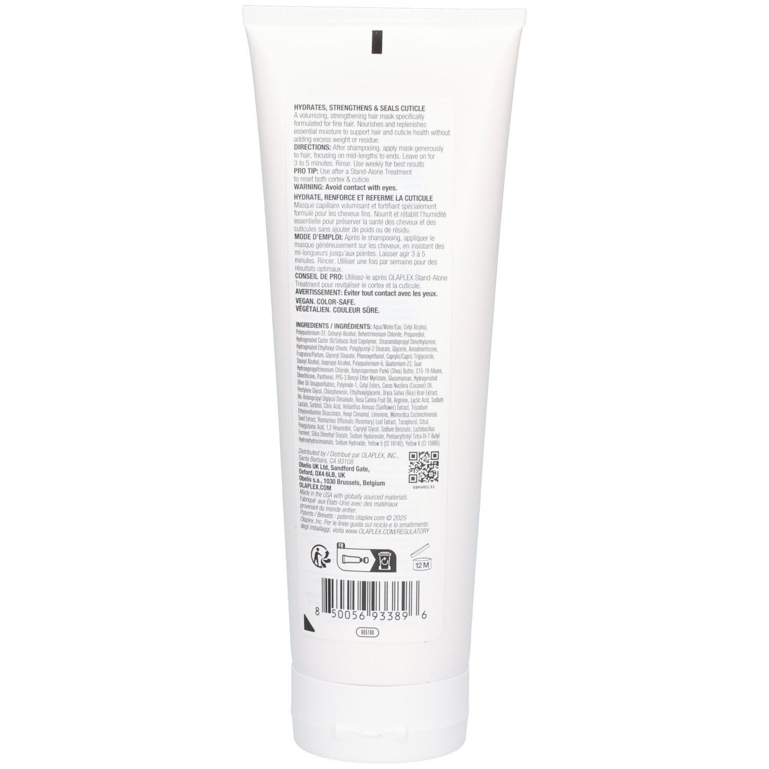Arrière du tube Olaplex Masque Nourrissant Léger avec instructions et ingrédients.