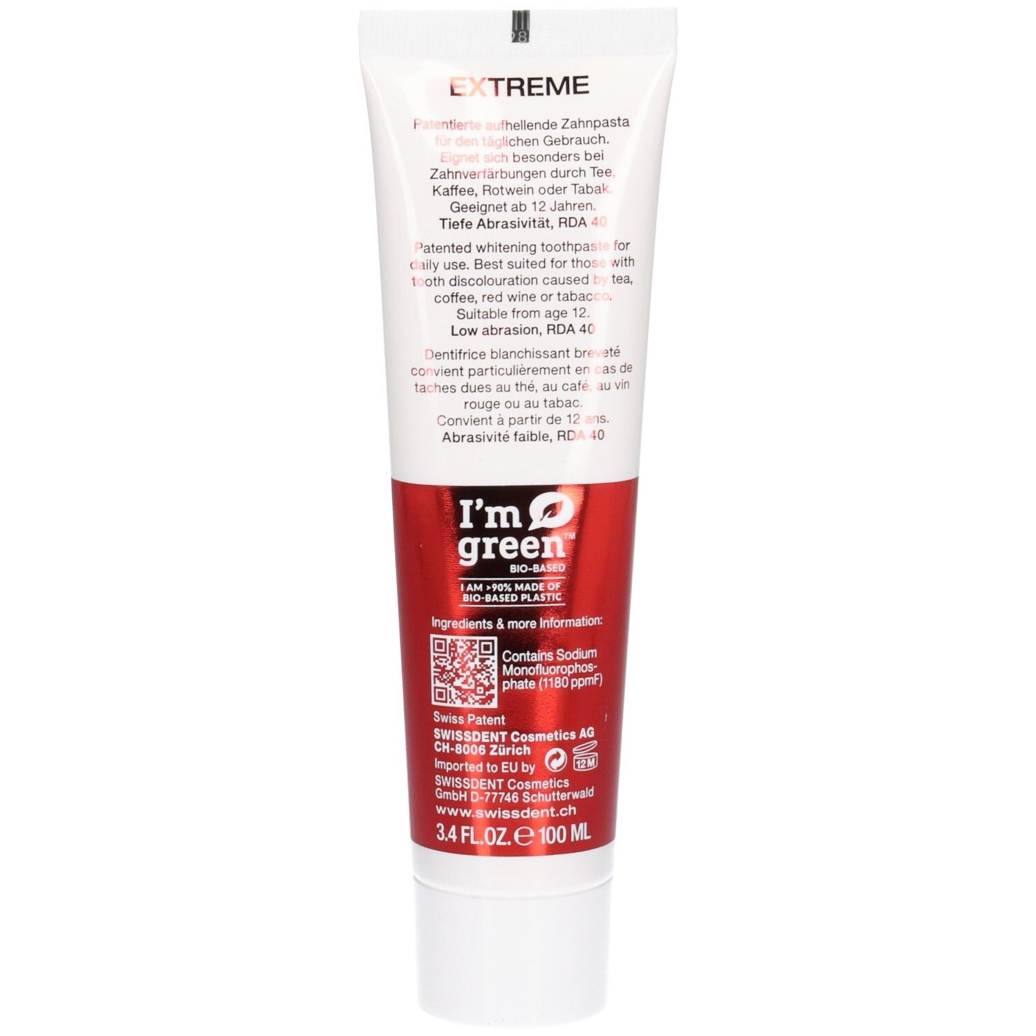 Dos du tube de dentifrice. Texte: EXTREME, Whitening Toothpaste. Convient à partir de 12 ans. Logo I'm green. Ingrédients.