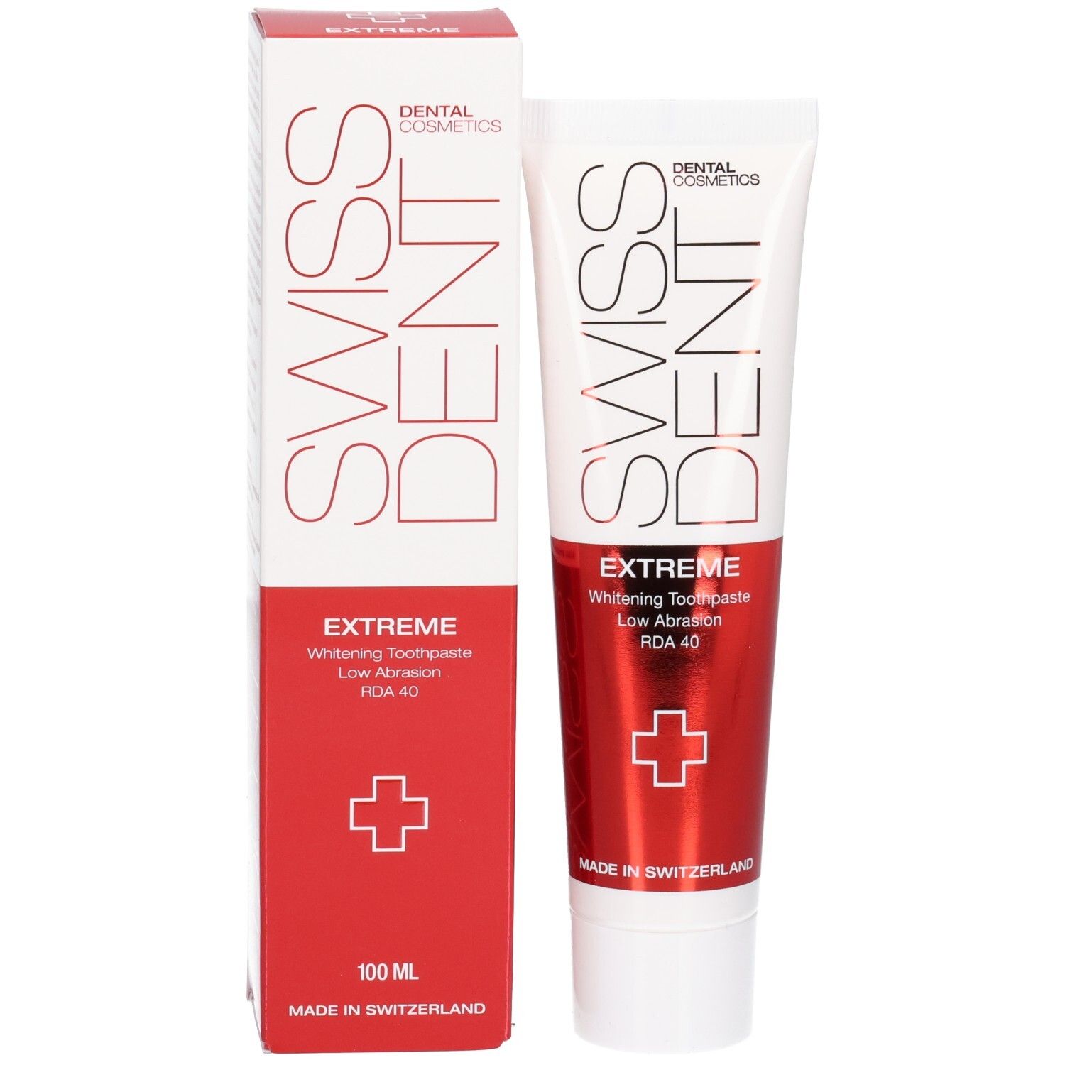 Tube et boîte de dentifrice. Inscription SWISS DENT, EXTREME, Whitening Toothpaste. Croix rouge. 100 ml. Fabriqué en Suisse.