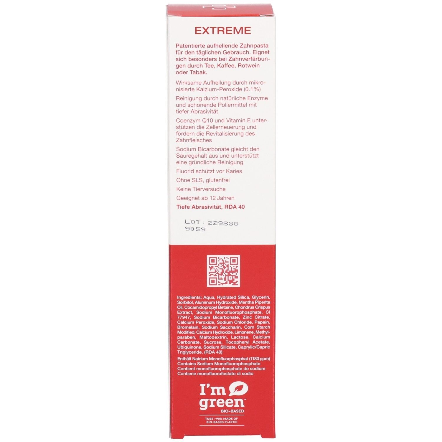 Boîte, blanc et rouge. Texte: EXTREME, Whitening Toothpaste. Convient à partir de 12 ans. Logo I'm green. Ingrédients.