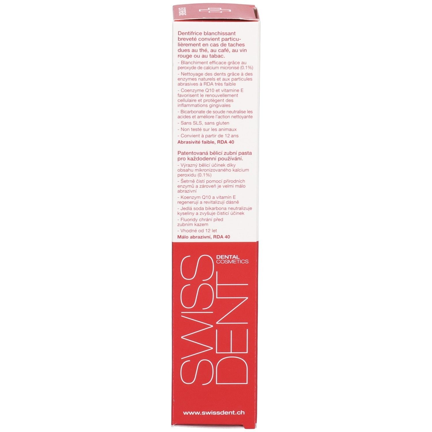 Boîte, blanc et rouge. Texte: Dentifrice blanchissant. Convient à partir de 12 ans. www.swissdent.ch.