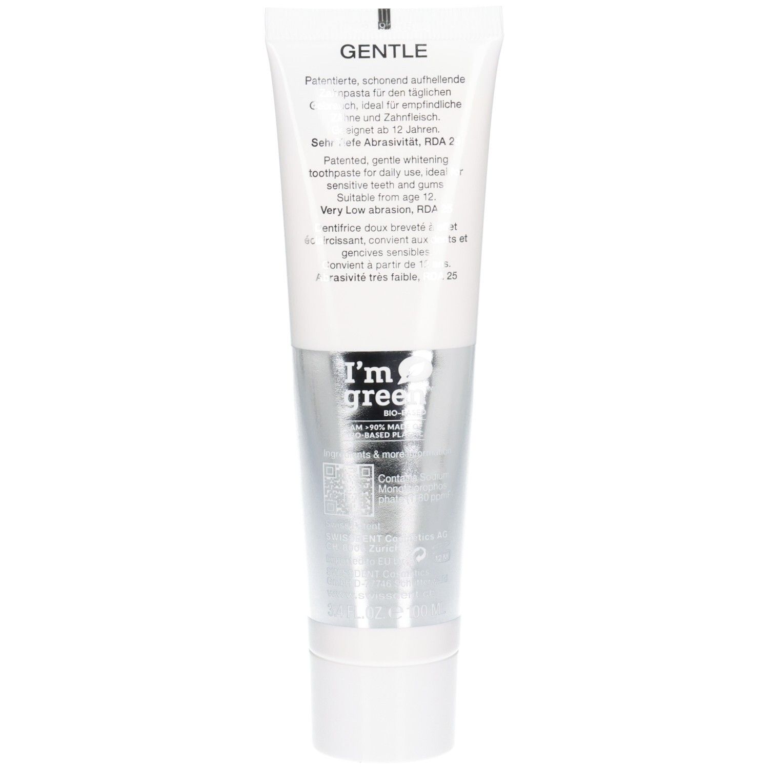 Dos du tube de dentifrice. Texte multilingue. Logo: I'm green. Très faible abrasion, RDA 2.