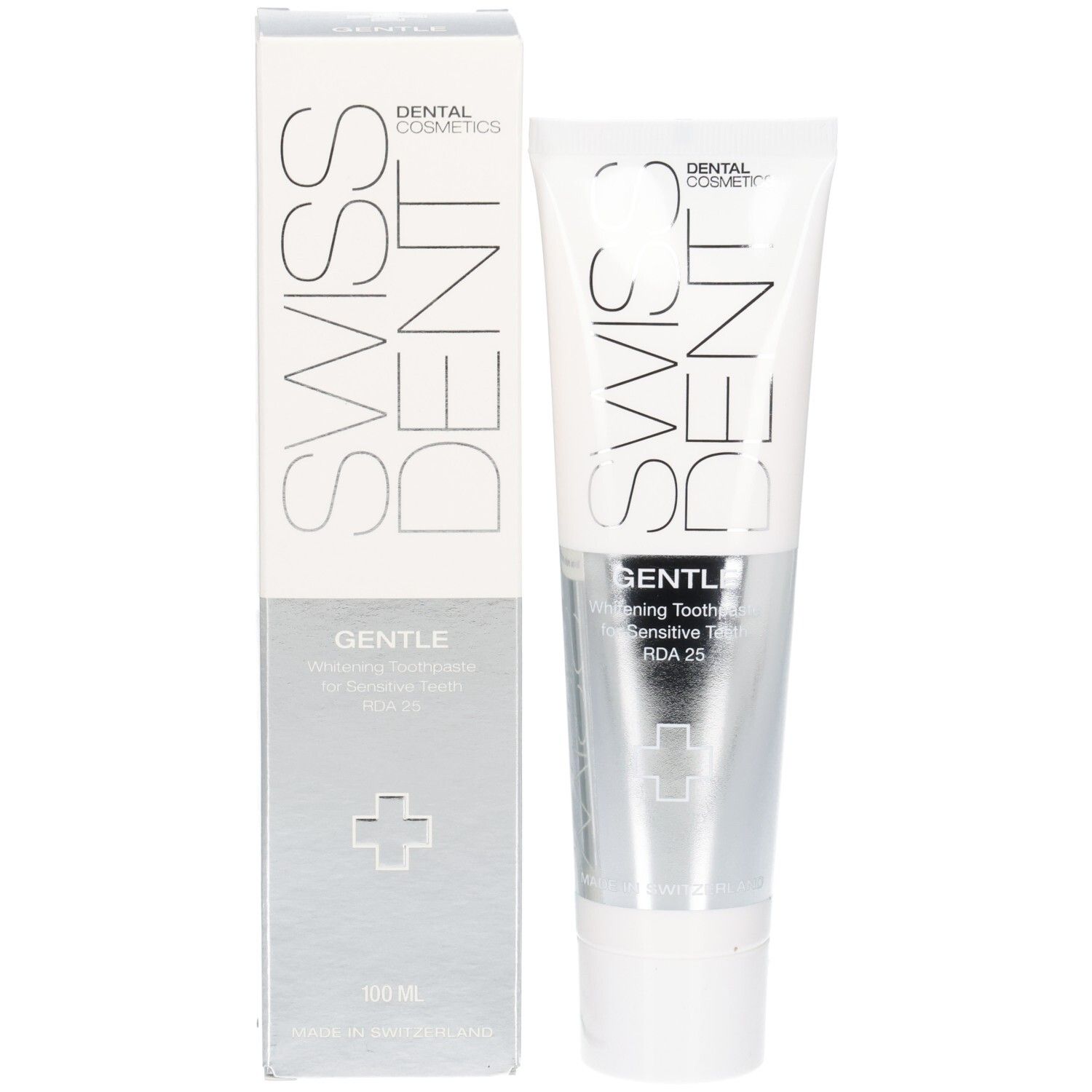 Tube et boîte de dentifrice. Blanc et argent. Inscriptions: SWISSDENT, GENTLE, RDA 25.