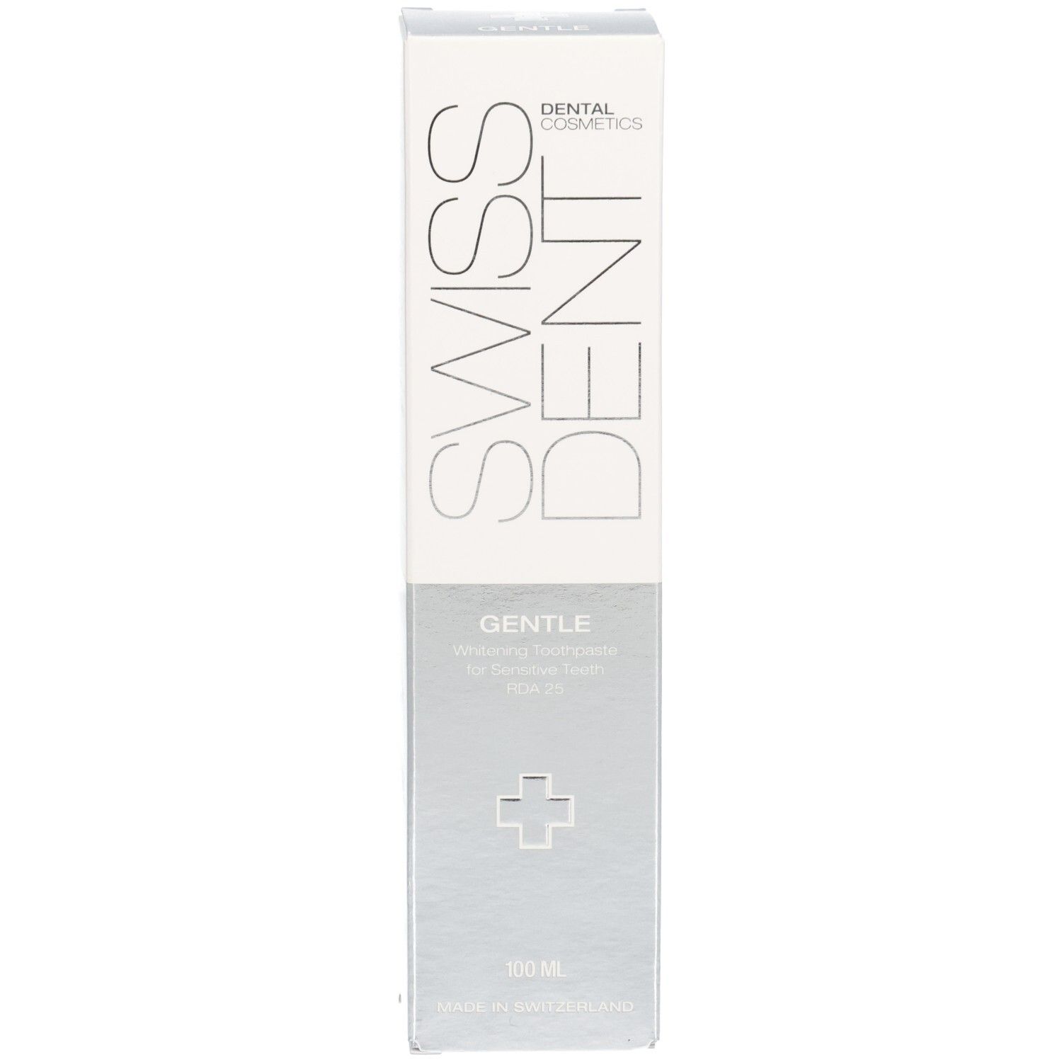 Boîte, blanche et argentée. Inscriptions: SWISSDENT, GENTLE, RDA 25. En bas: 100 ml.