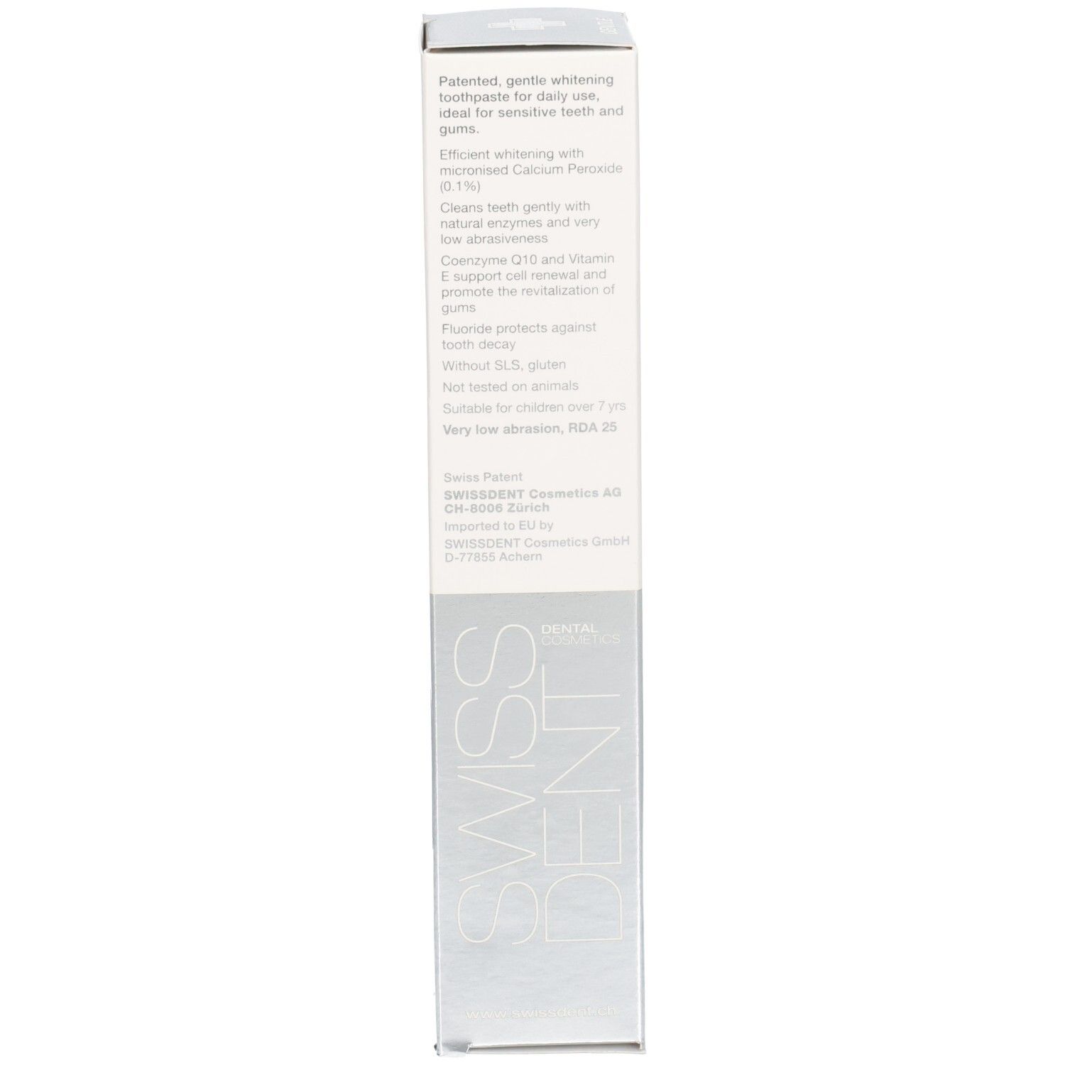 Dos de la boîte. Texte multilingue. Inscription: SWISSDENT. En bas: 100 ml.