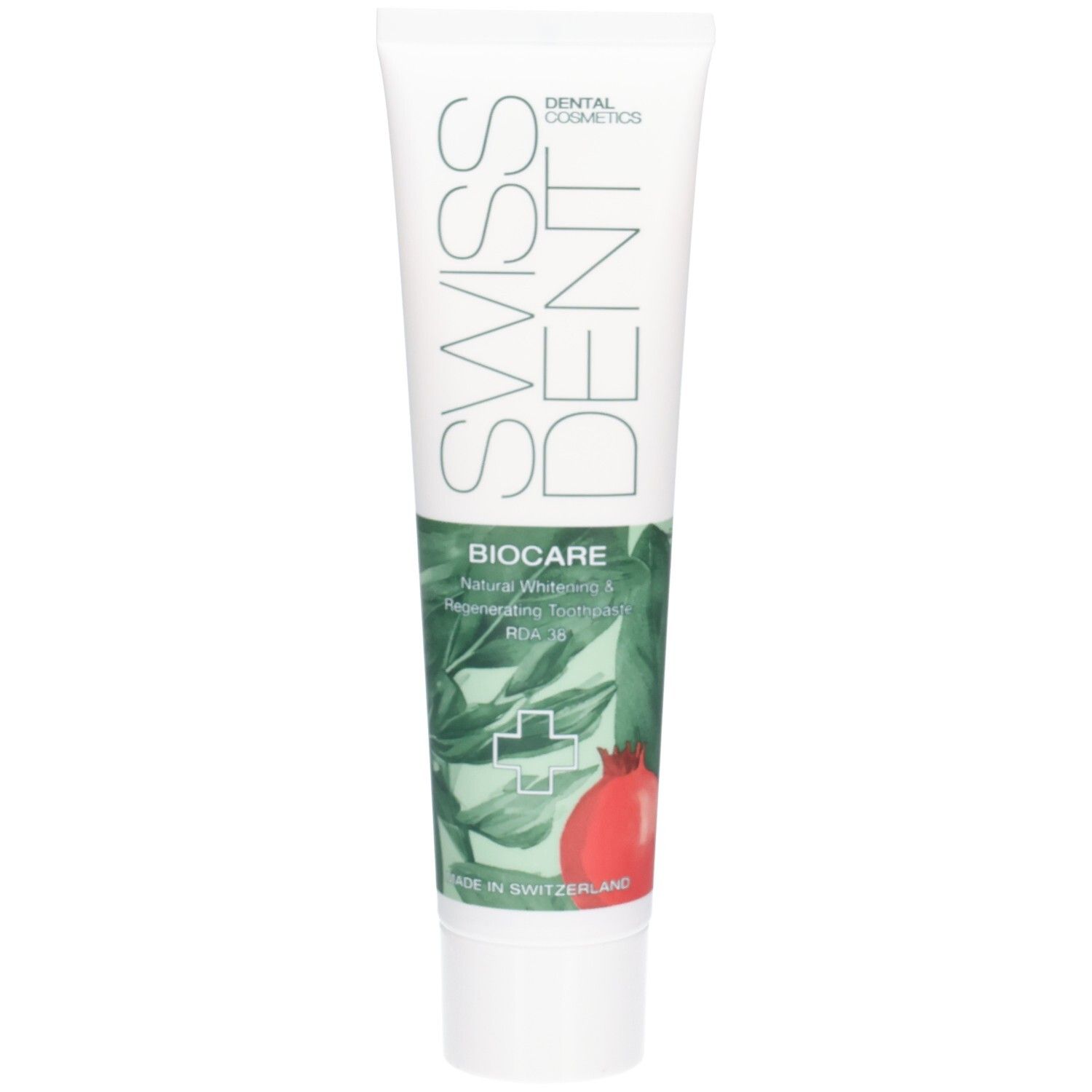 Tube de dentifrice avec design vert et blanc. Inscription : SWISSDENT, BIOCARE. Illustration de grenade.