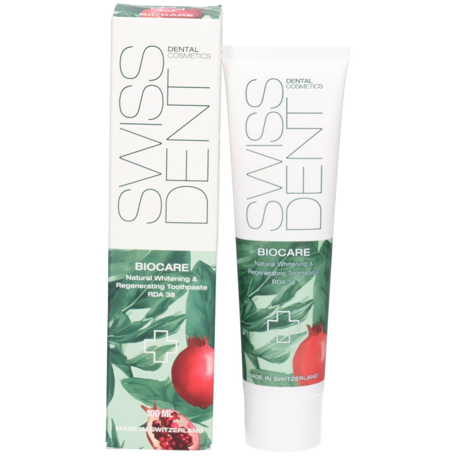 Tube de dentifrice et boîte côte à côte. Les deux affichent le logo du produit et de la marque. Illustration de grenade.