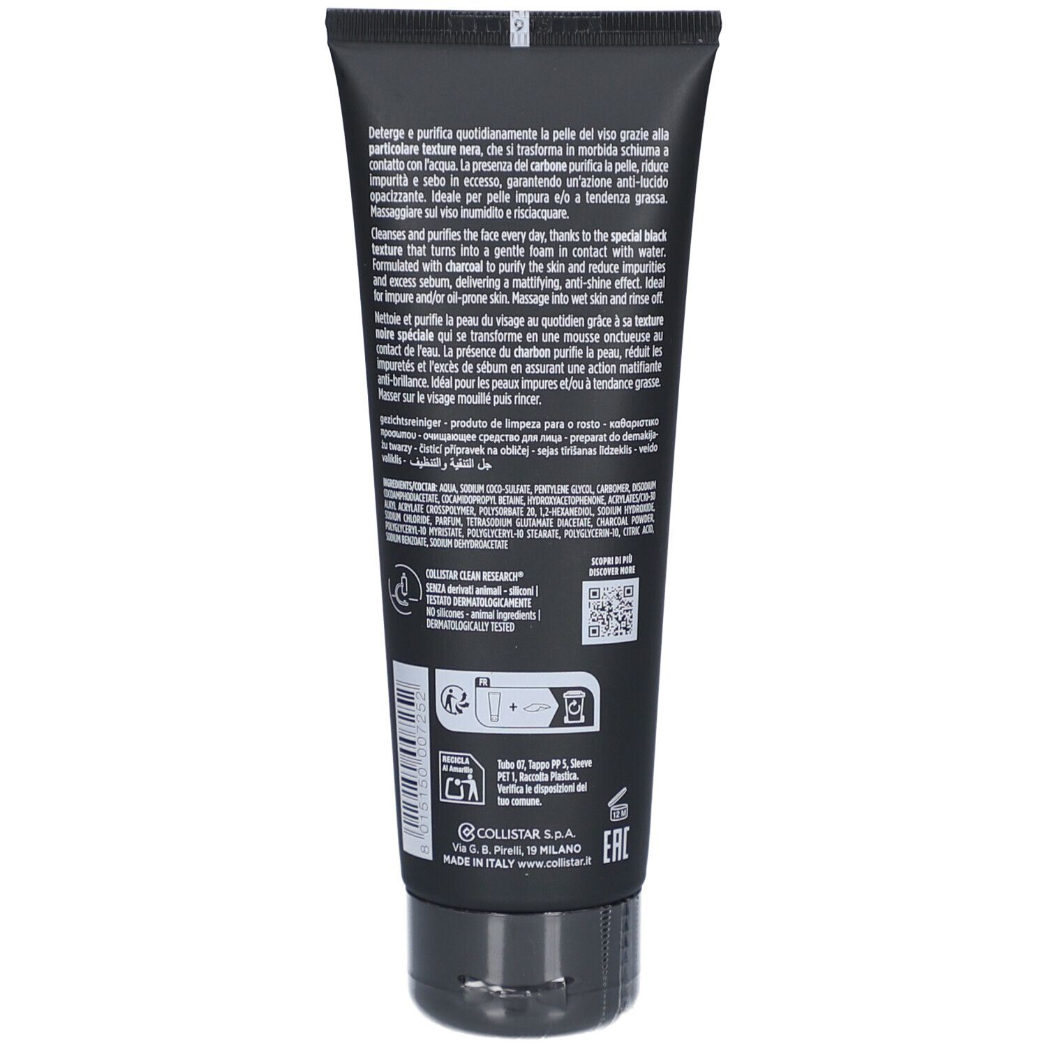 Dos du tube noir. Texte et informations sur le produit. Bouchon noir.