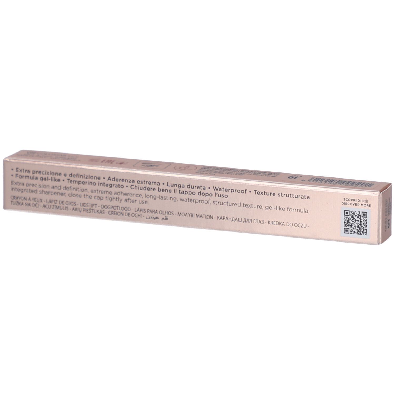 Vue de dessus de l'emballage rose. Texte: Extra precision and definition, extreme adherence, long-lasting, waterproof, structured texture.