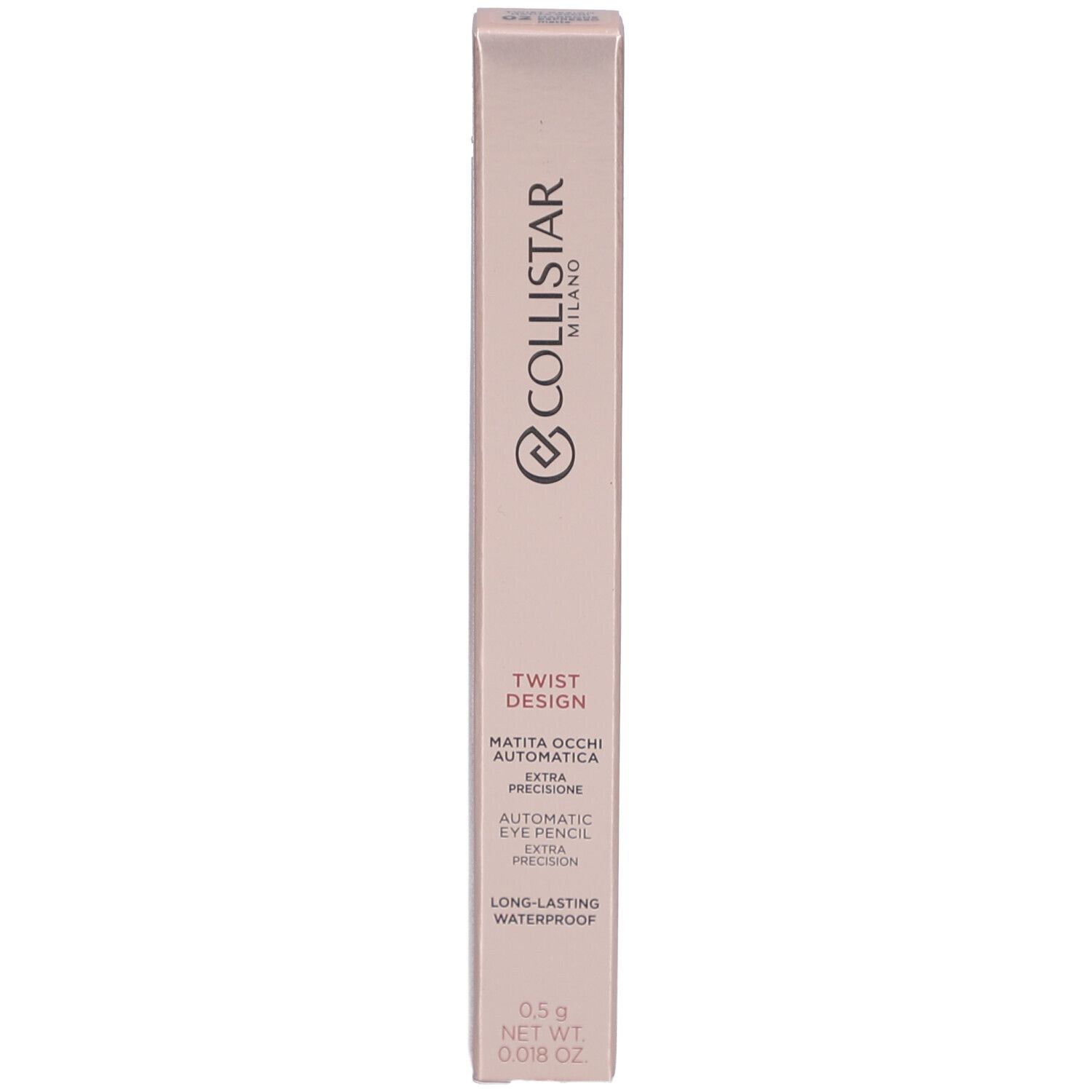 Collistar Milano Twist Design Crayon Yeux. Boîte rose. Texte: Automatic Eye Pencil, Long-lasting Waterproof. 0.5g.