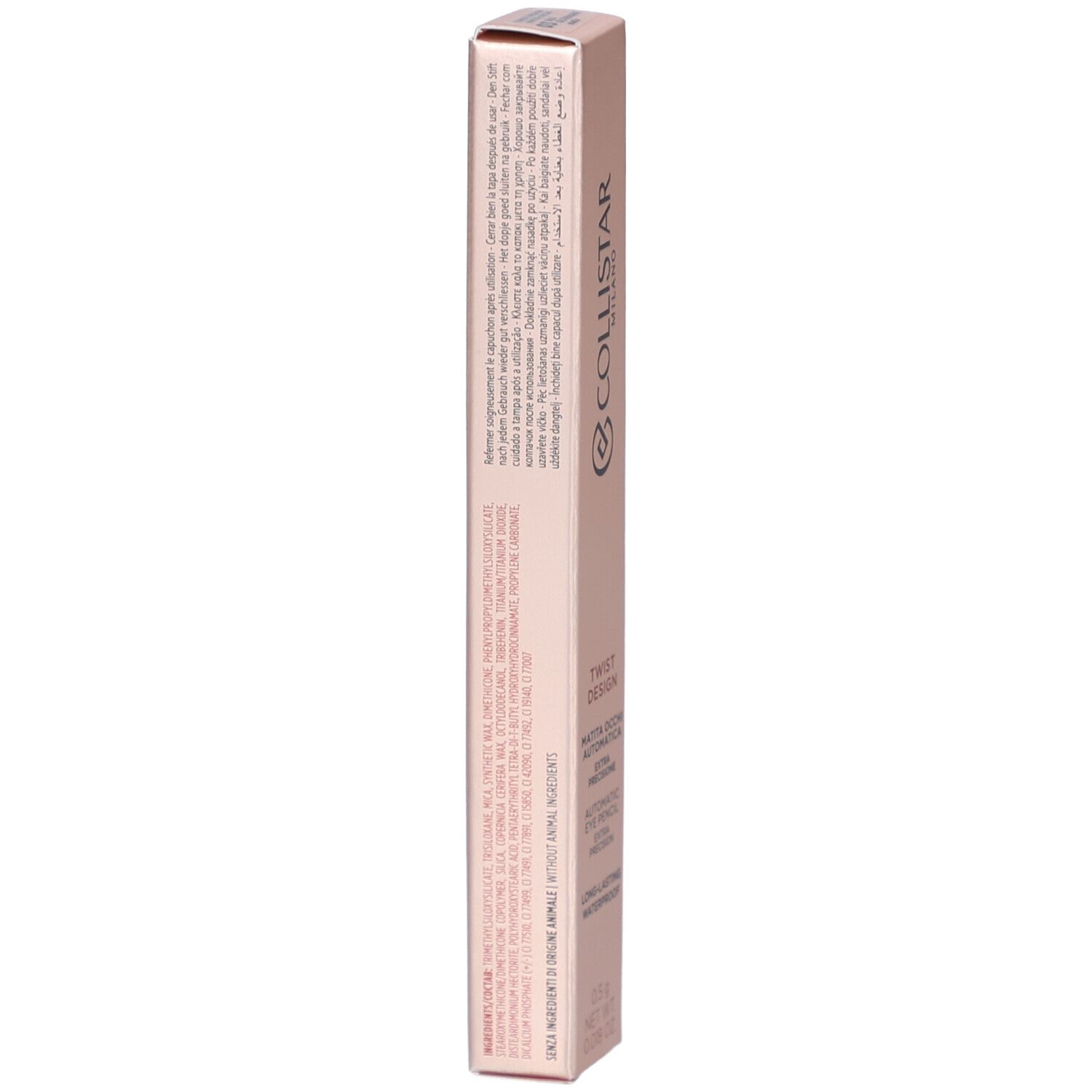 Emballage Collistar Twist Design Crayon Yeux. Rose. Texte et ingrédients. Dos. Forme longue et étroite.