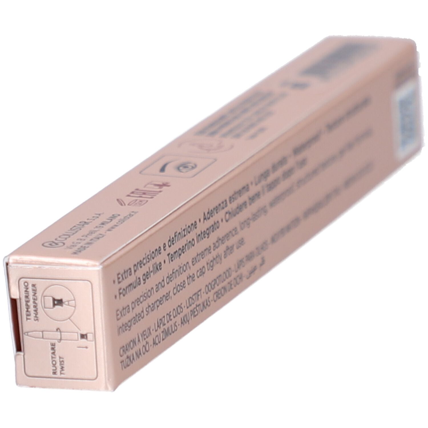 Emballage Collistar Twist Design Crayon Yeux. Rose. Texte. Avec taille-crayon intégré. Instructions de rotation.