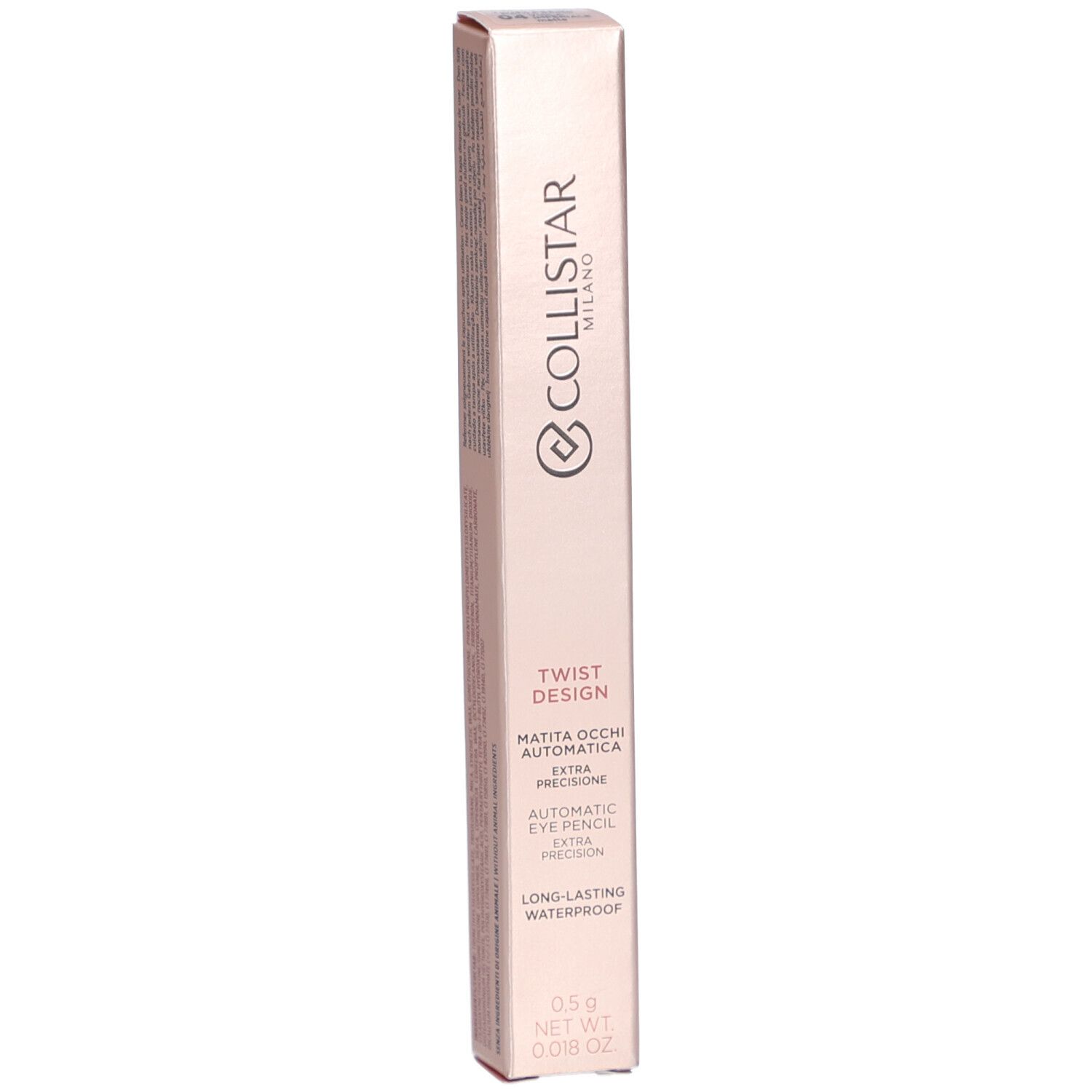 Collistar Twist Design Crayon Yeux 04 Imperial Violet Mat. Emballage rose avec informations produit. Visible : logo, nom du produit, description.