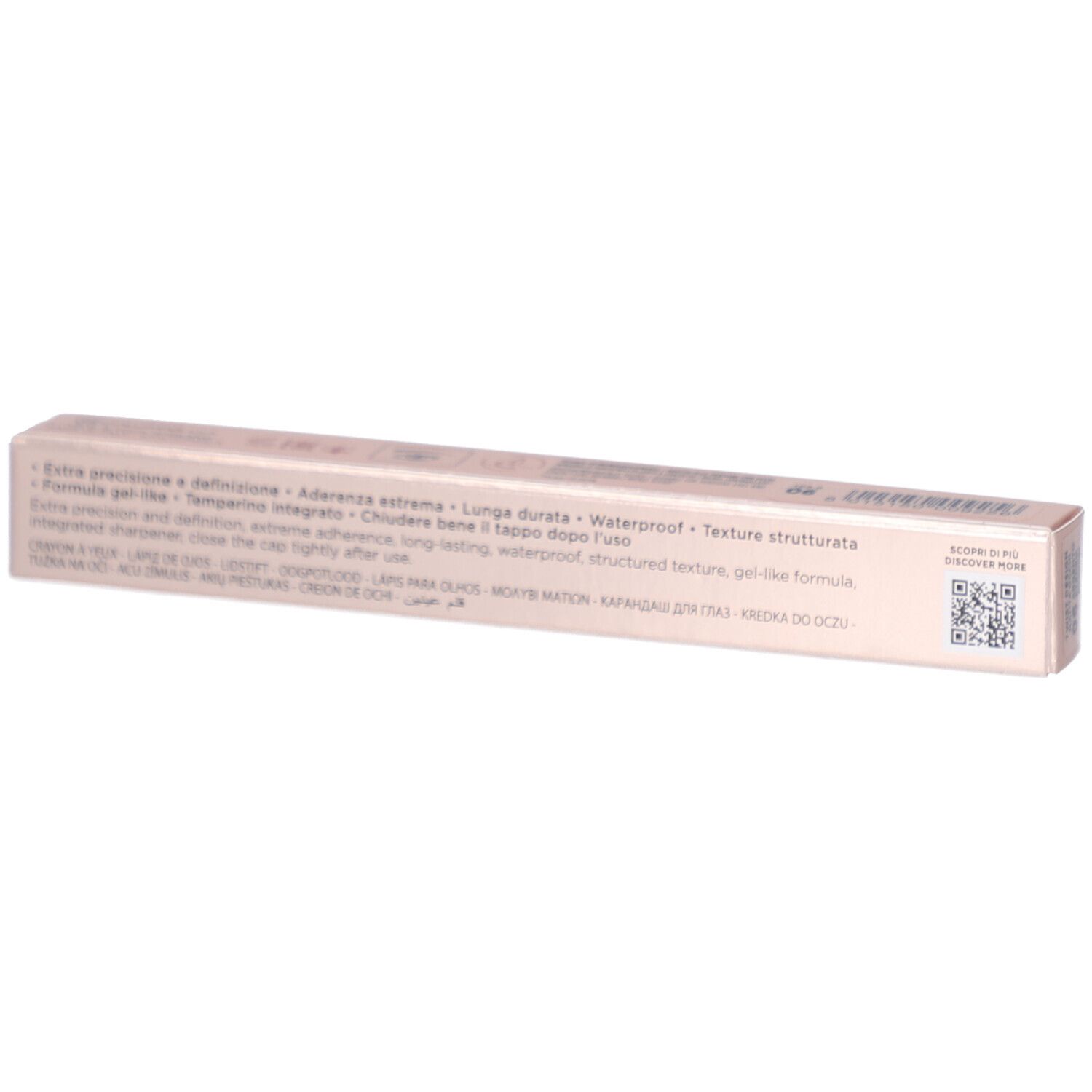 Emballage rose fin. Texte: Extra précision, longue tenue, waterproof. Code QR.
