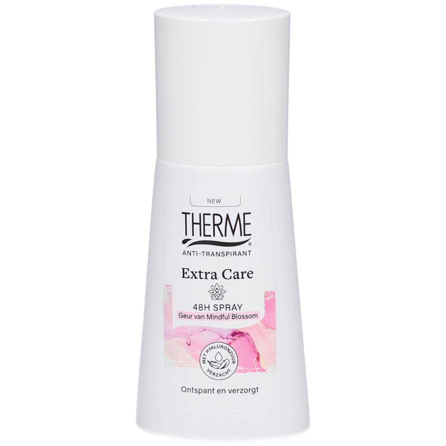 Spray anti-transpirant blanc Therme. Inscription : Extra Care, 48H Spray, Geur van Mindful Blossom. Design floral rose.