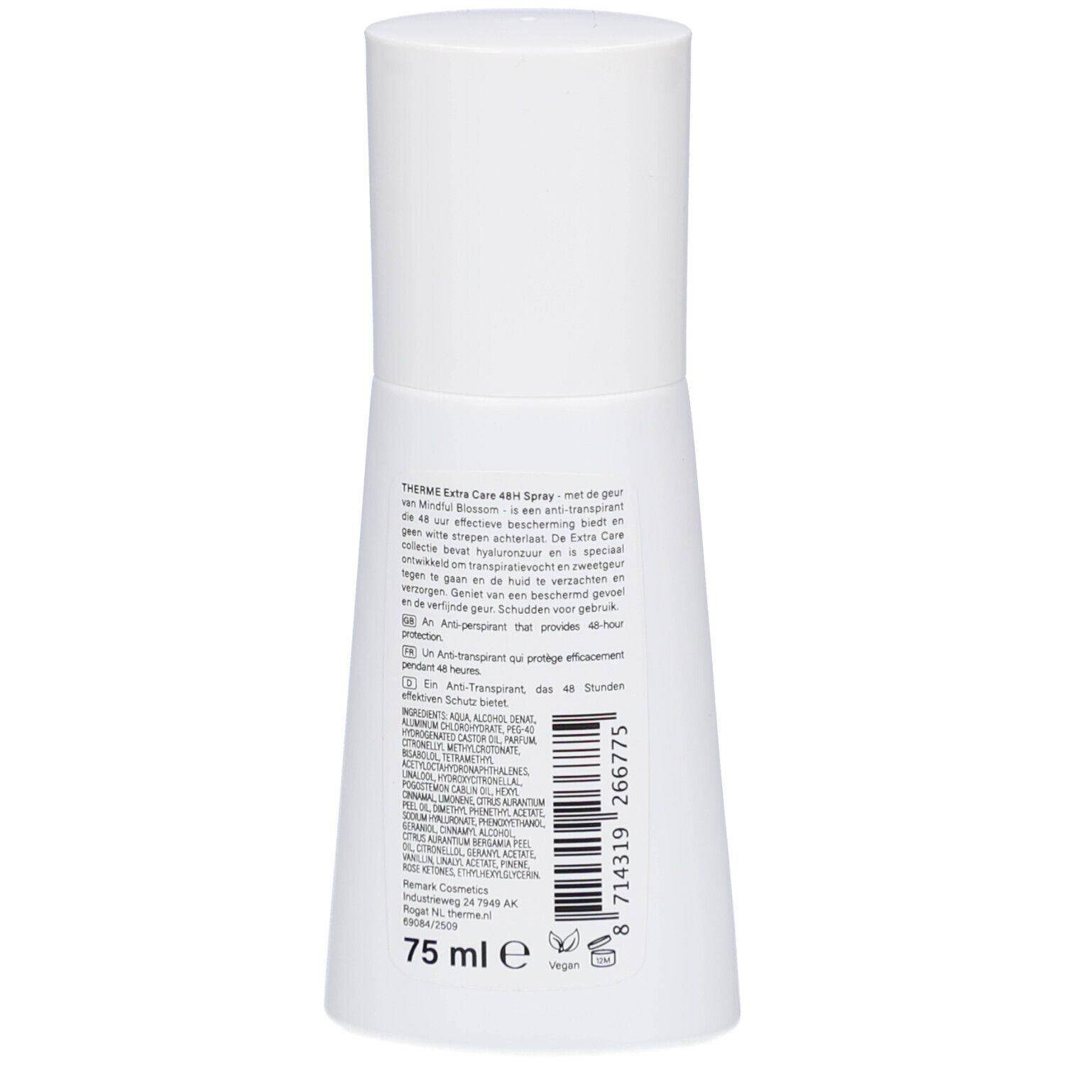 Dos du spray anti-transpirant blanc Therme. Texte et code-barres. Inscription : 75 ml e, vegan.