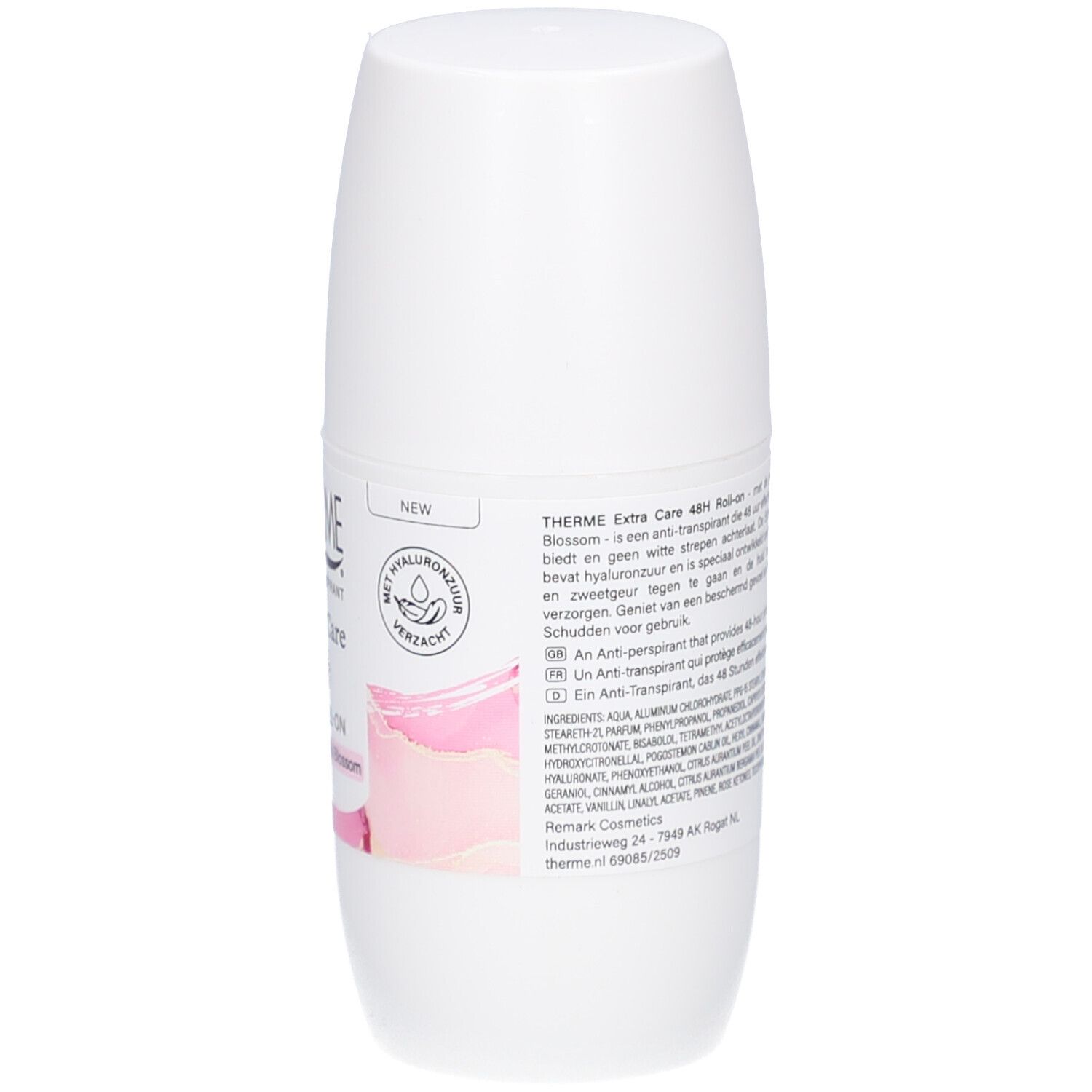 Roll-on déodorant blanc. Dos avec informations produit et ingrédients. Nouveau produit.