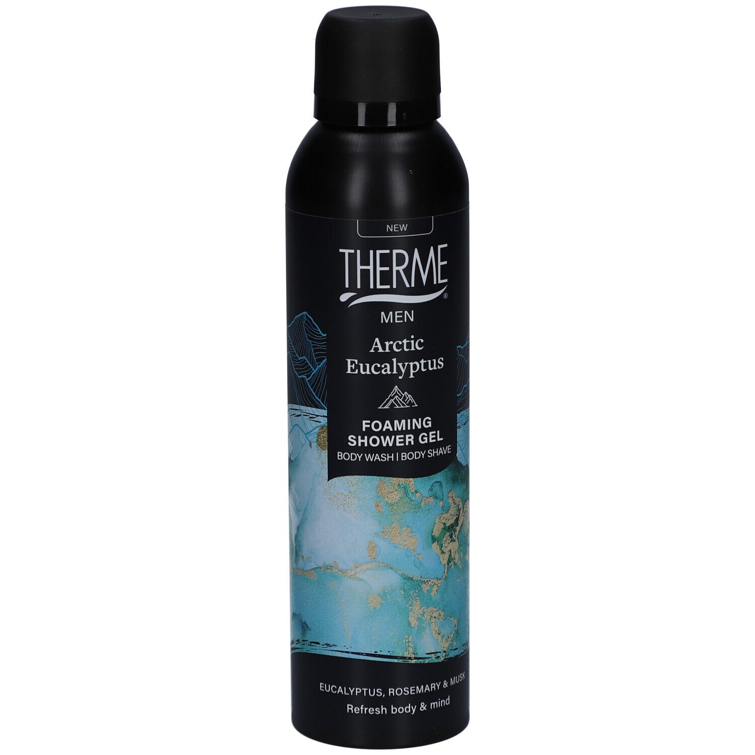 Flacon noir avec logo THERME et texte: MEN Arctic Eucalyptus Foaming Shower Gel. Illustration de paysage montagneux.