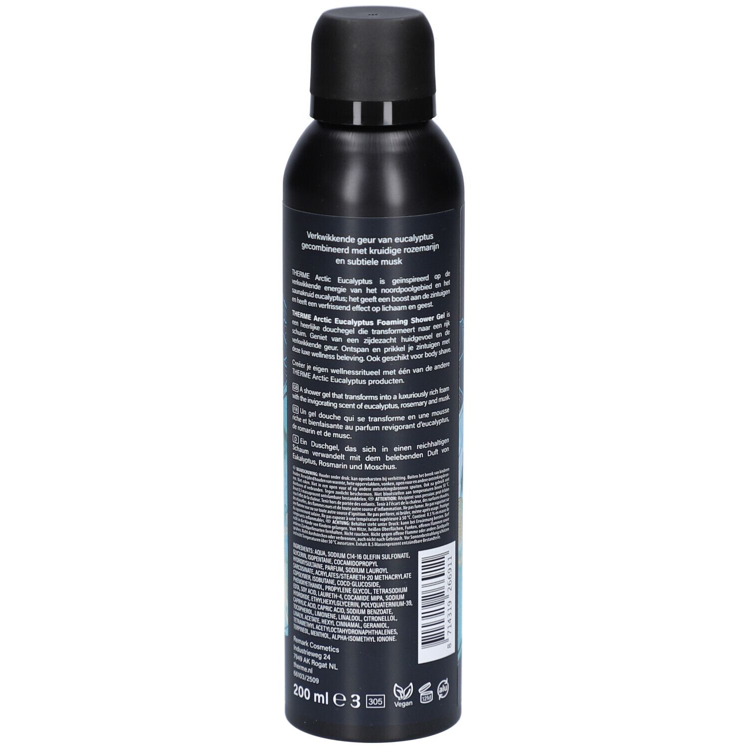 Flacon noir, dos. Texte en plusieurs langues. Description du produit et ingrédients.