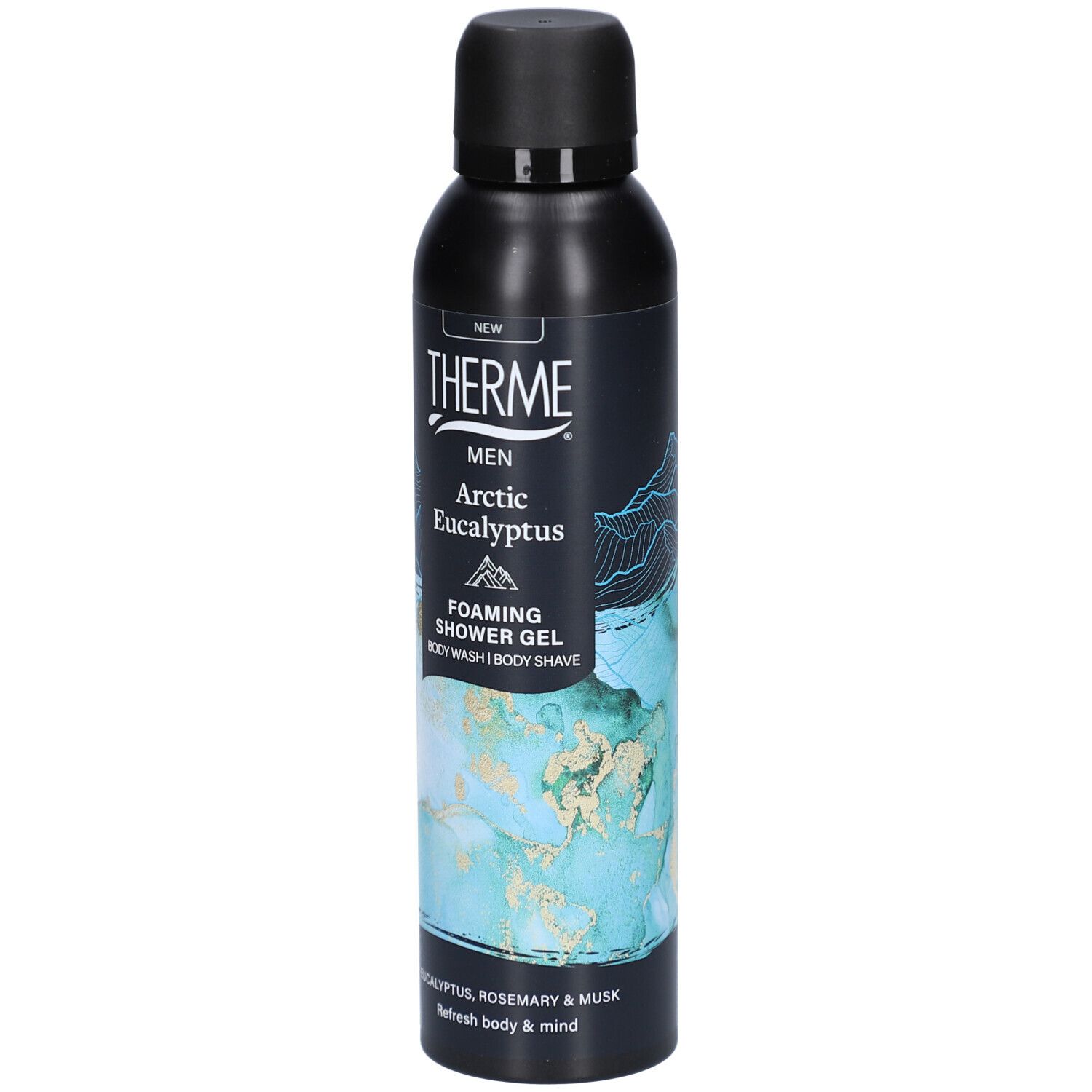 Flacon noir avec logo THERME et texte: MEN Arctic Eucalyptus Foaming Shower Gel. Illustration de paysage montagneux.