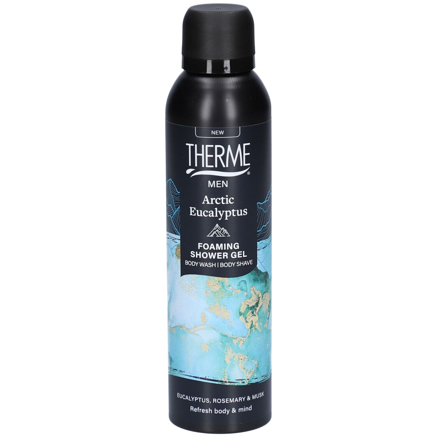 Flacon noir avec logo THERME et texte: MEN Arctic Eucalyptus Foaming Shower Gel. Illustration de paysage montagneux.