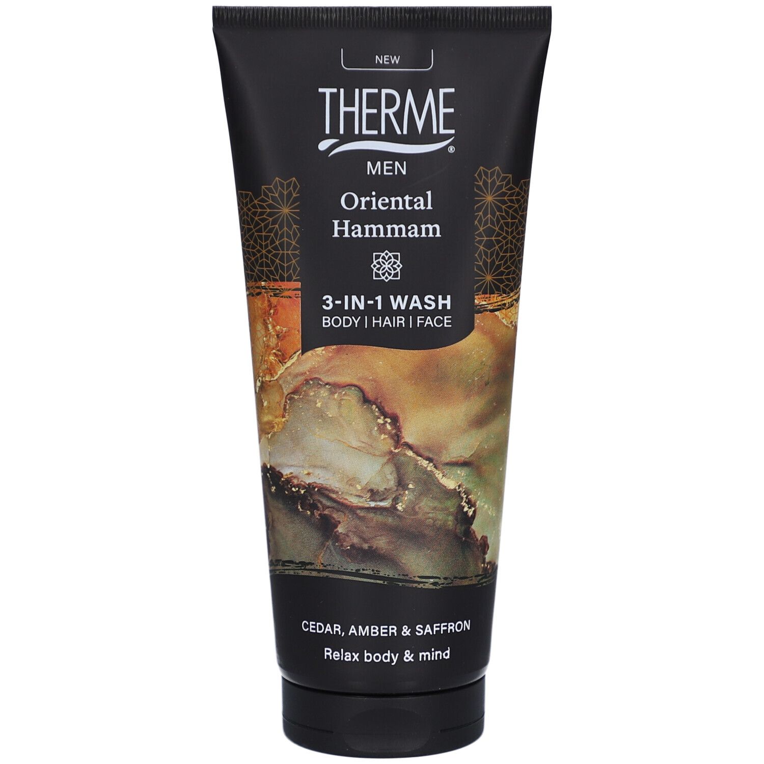 Tube noire avec logo THERME et nom du produit. Texte: Oriental Hammam 3-en-1 Wash. Ingrédients: cèdre, ambre, safran. Détente.