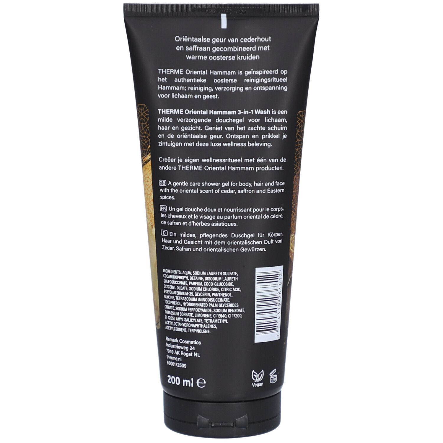 Dos du tube. Texte: THERME Oriental Hammam 3-en-1 Wash. Ingrédients et instructions. Logo végétalien. Volume: 200 ml.