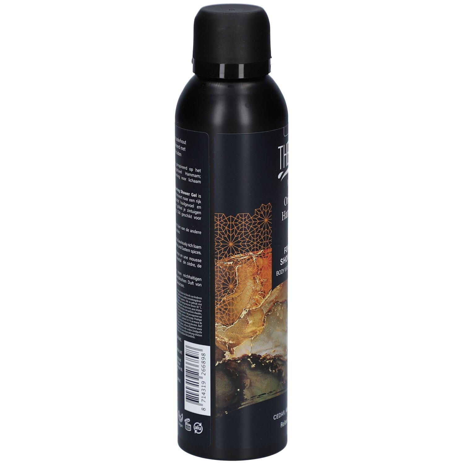 Flacon noir avec texte. Inscription : Therme, Oriental Hammam, Foaming Shower Gel. Code-barres et texte au dos.