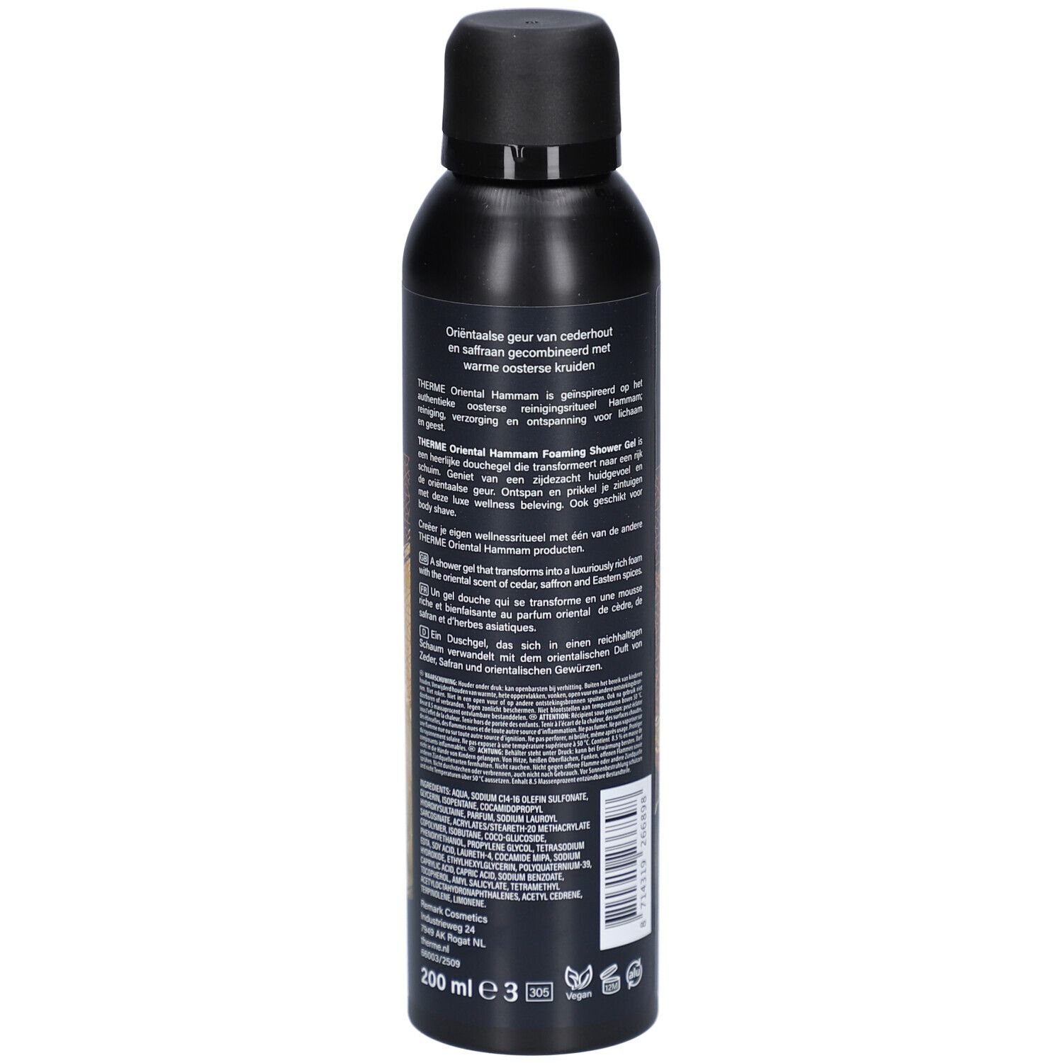Flacon noir avec texte. Inscription : Therme, Oriental Hammam, Foaming Shower Gel. Texte au dos, 200 ml.
