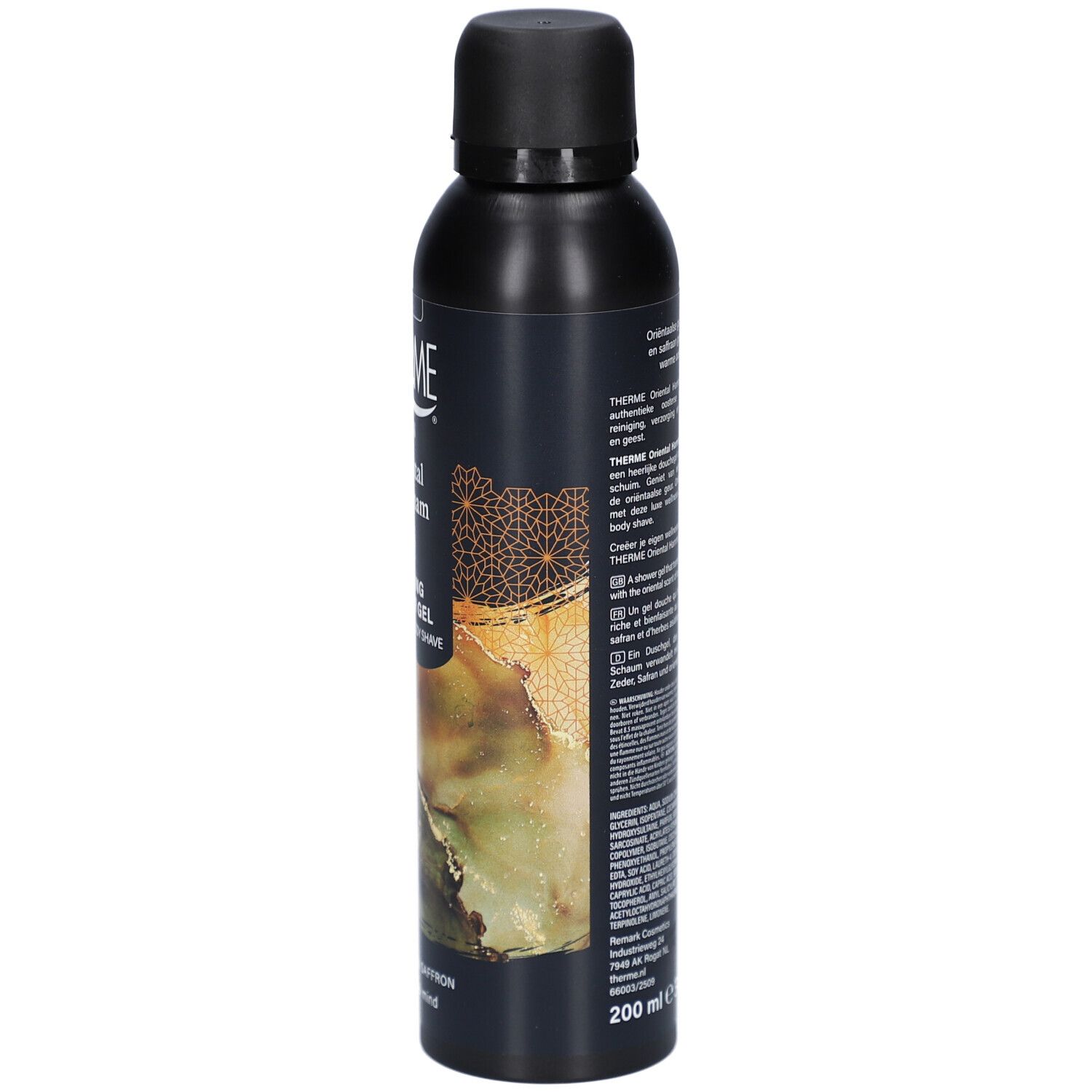 Flacon noir avec texte. Inscription : Therme, Oriental Hammam, Foaming Shower Gel. Texte au dos, 200 ml.