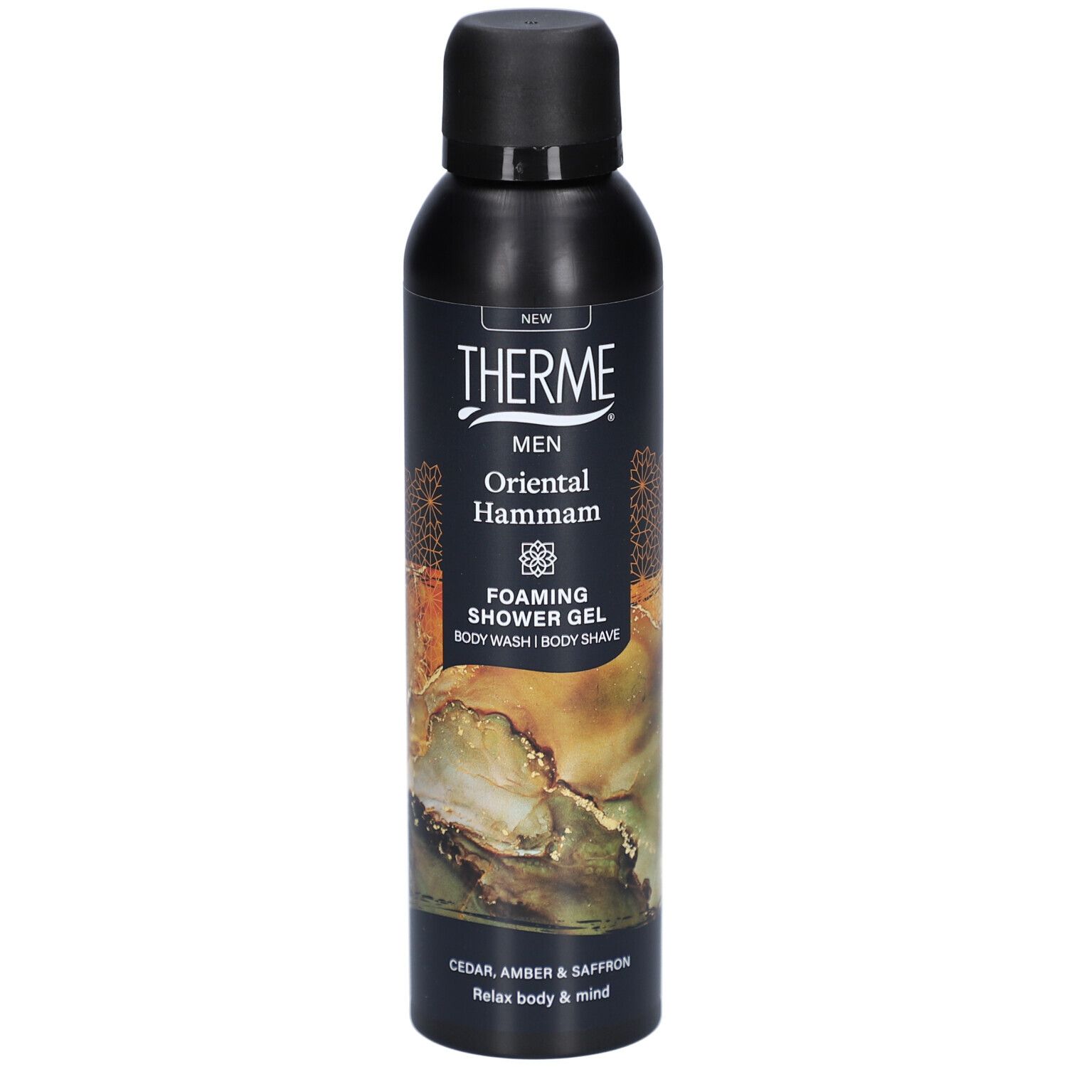 Flacon noir avec bouchon noir. Inscription : Therme, Oriental Hammam, Foaming Shower Gel. Texte : Cedar, Amber & Saffron.