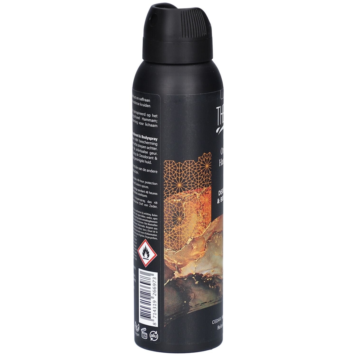 Bombe de déodorant et de spray corporel noire. Inscription : THERME MEN Oriental Hammam. Dos avec texte et symboles d'avertissement.