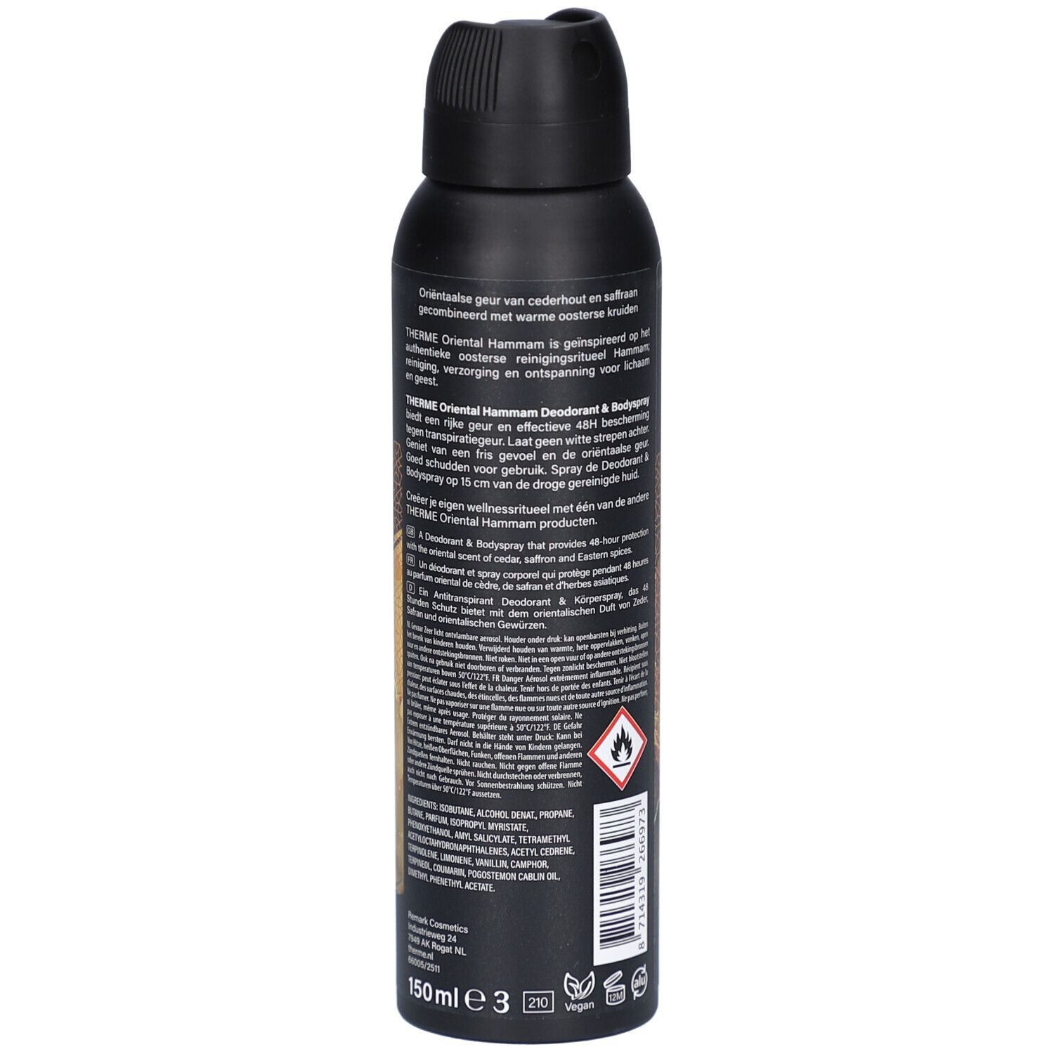 Dos d'une bombe de déodorant et de spray corporel noir. Texte en plusieurs langues. Symboles d'avertissement et volume : 150 ml.