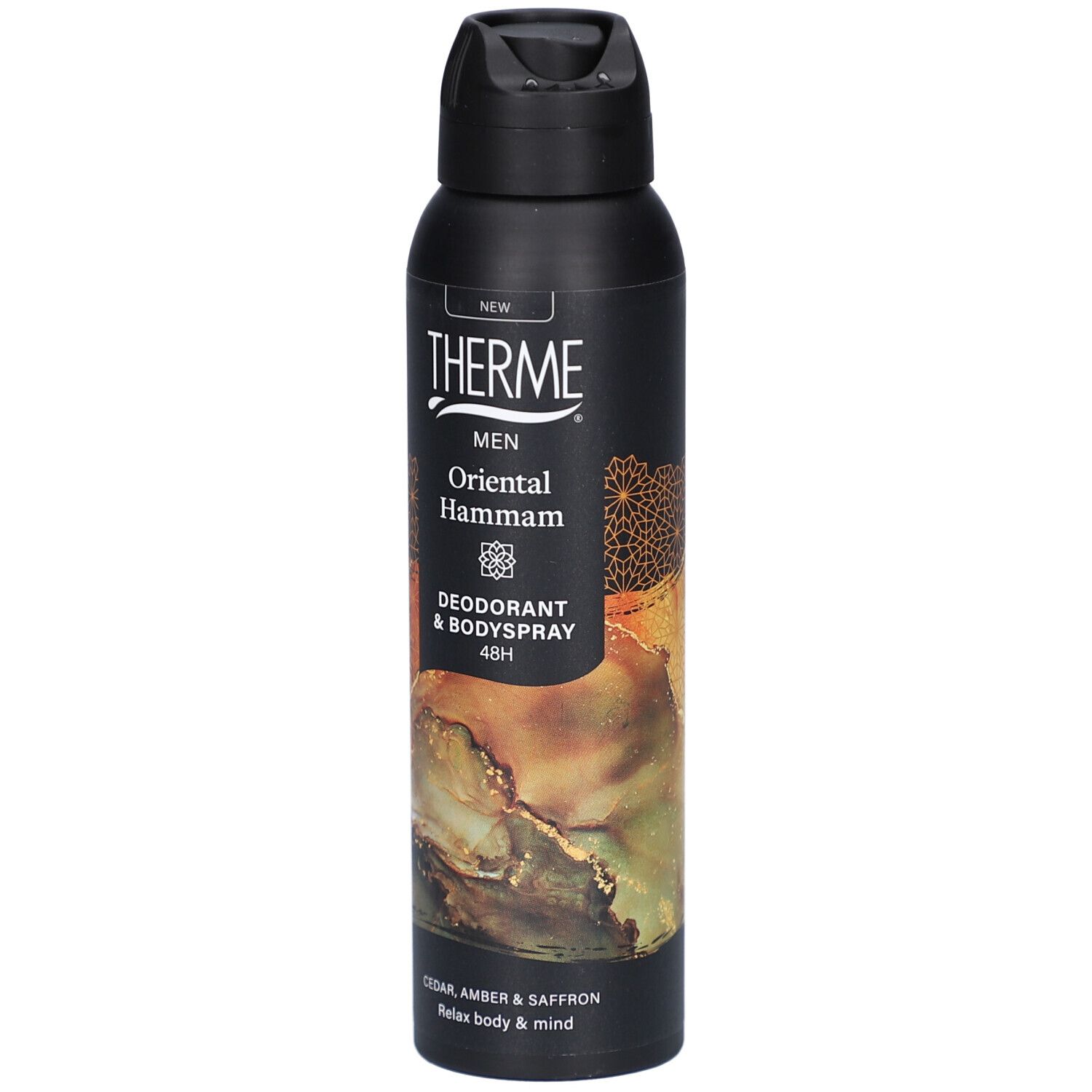 Bombe de déodorant et de spray corporel noire. Inscription : THERME MEN Oriental Hammam. 48H. Notes de cèdre, ambre et safran.
