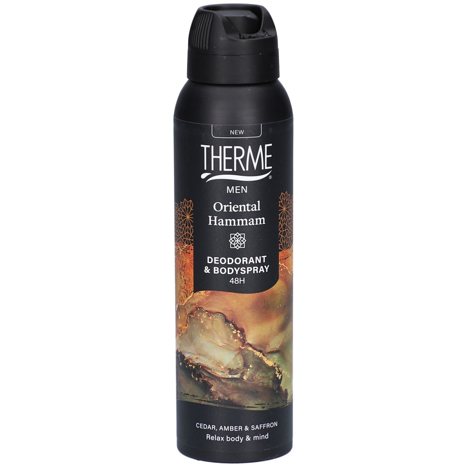 Bombe de déodorant et de spray corporel noire. Inscription : THERME MEN Oriental Hammam. 48H. Notes de cèdre, ambre et safran.