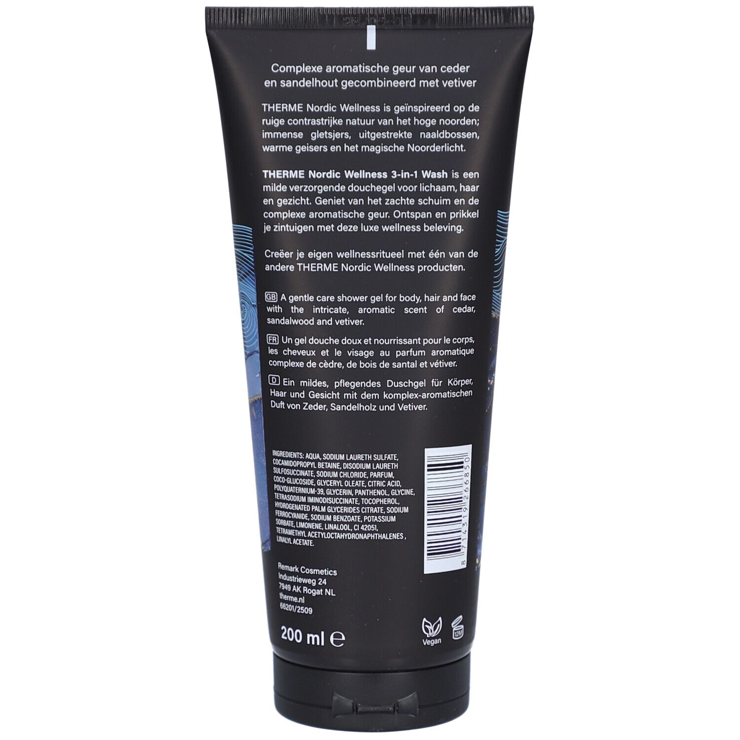 Dos du tube noir. Texte multilingue. Ingrédients et informations fabricant. Logo végétalien.