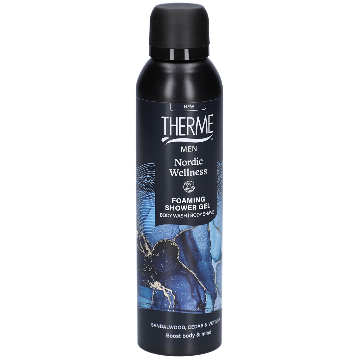 Flacon noir Therme Nordic Wellness. Texte: Men, Foaming Shower Gel, Body Wash, Body Shave. Bois de santal, cèdre et vétiver.