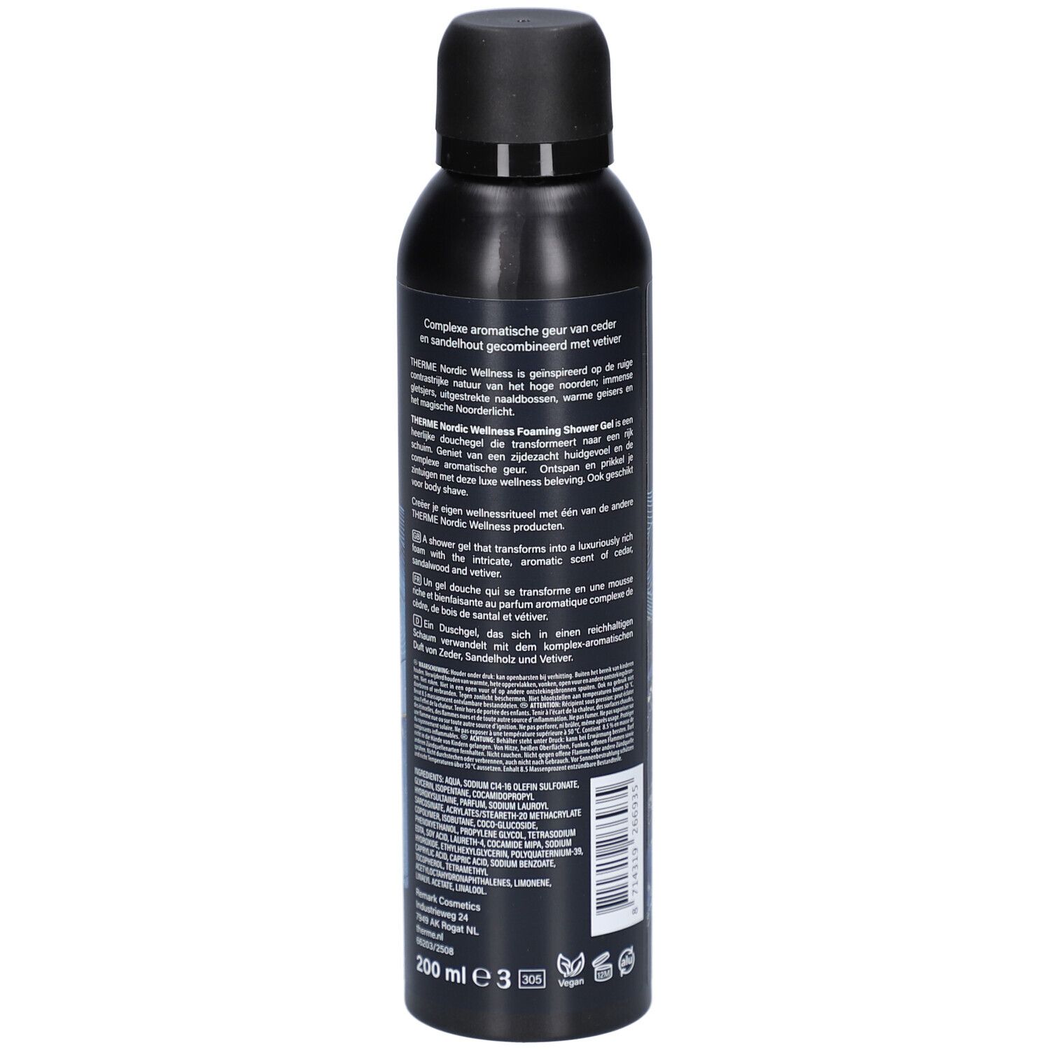 Dos du flacon noir Therme Nordic Wellness. Texte multilingue, ingrédients et logos.