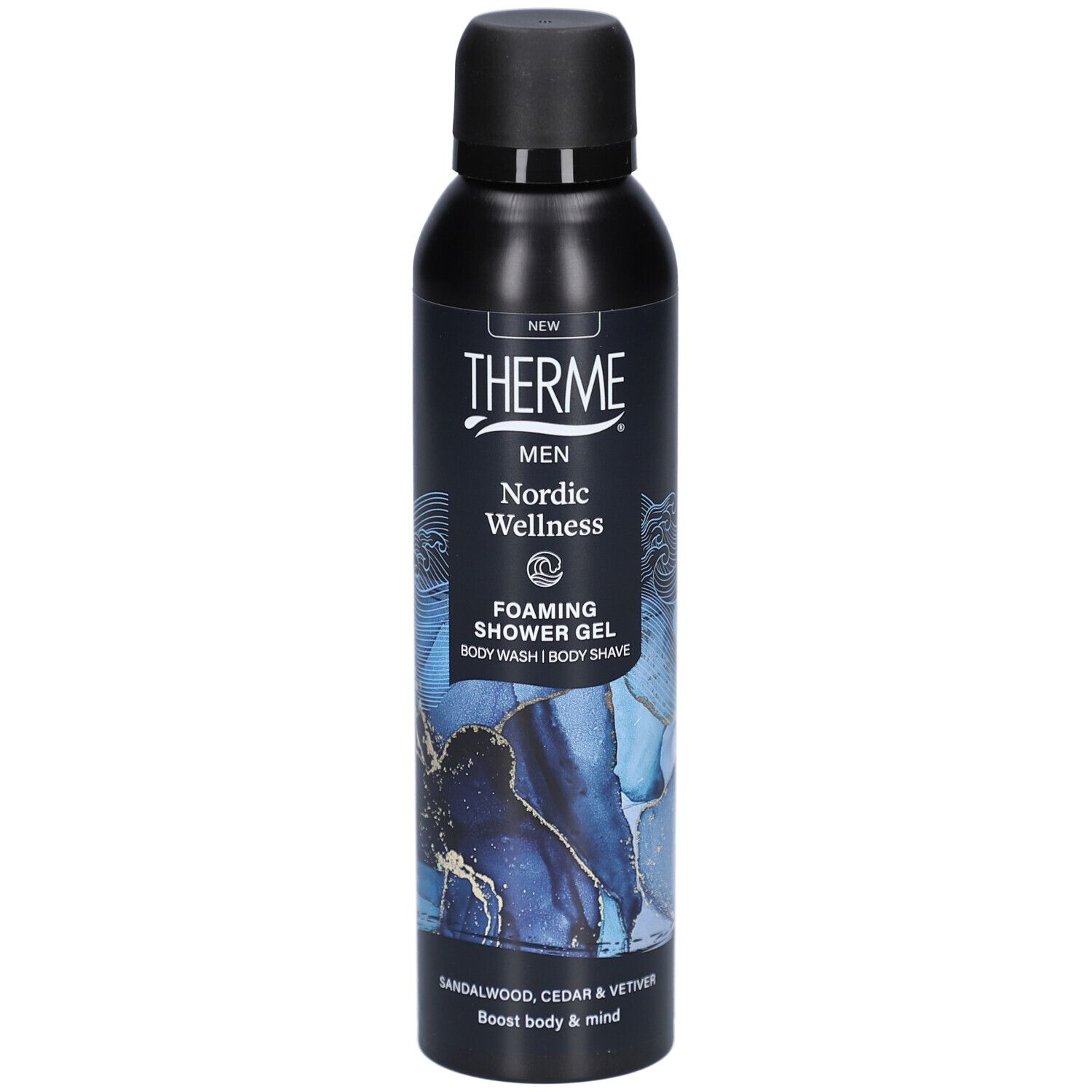 Flacon noir Therme Nordic Wellness. Texte: Men, Foaming Shower Gel, Body Wash, Body Shave. Bois de santal, cèdre et vétiver.