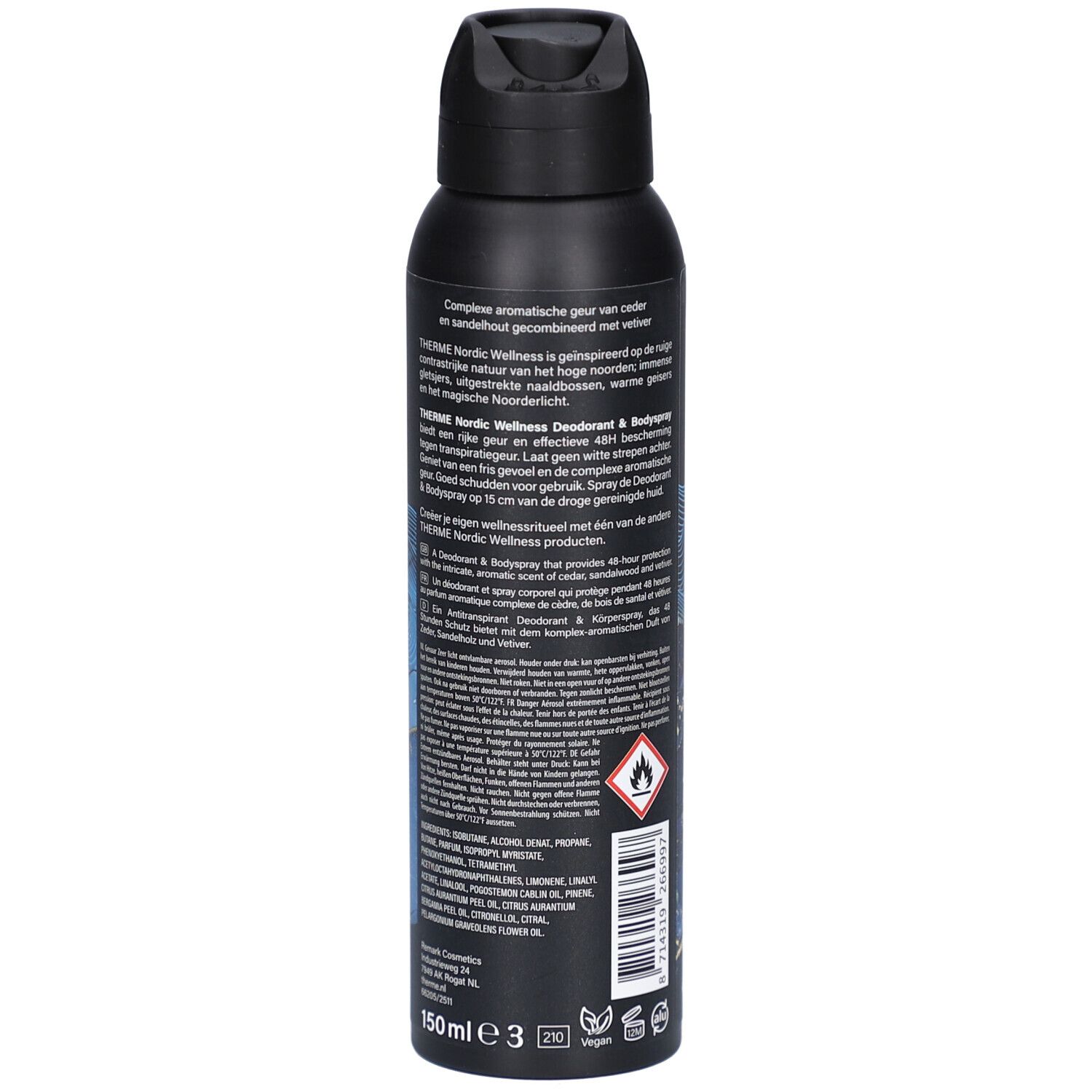 Bombe de déodorant noire. THERME, MEN, Nordic Wellness, Déodorant & Bodyspray. Texte au dos. 150 ml.